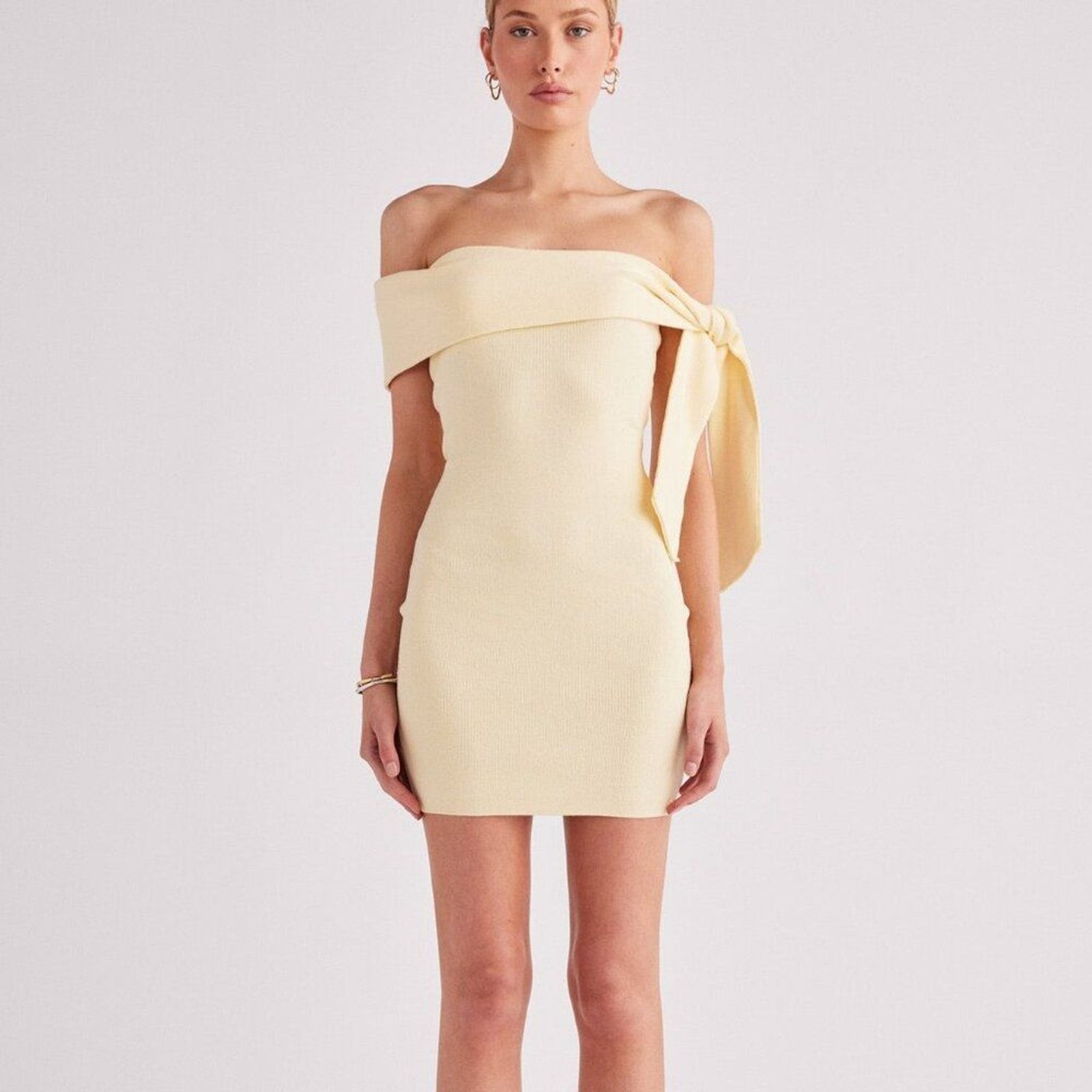 SNDYS Jaymes Mini Dress in Panna Cotta yellow knit off the shoulder bodycon