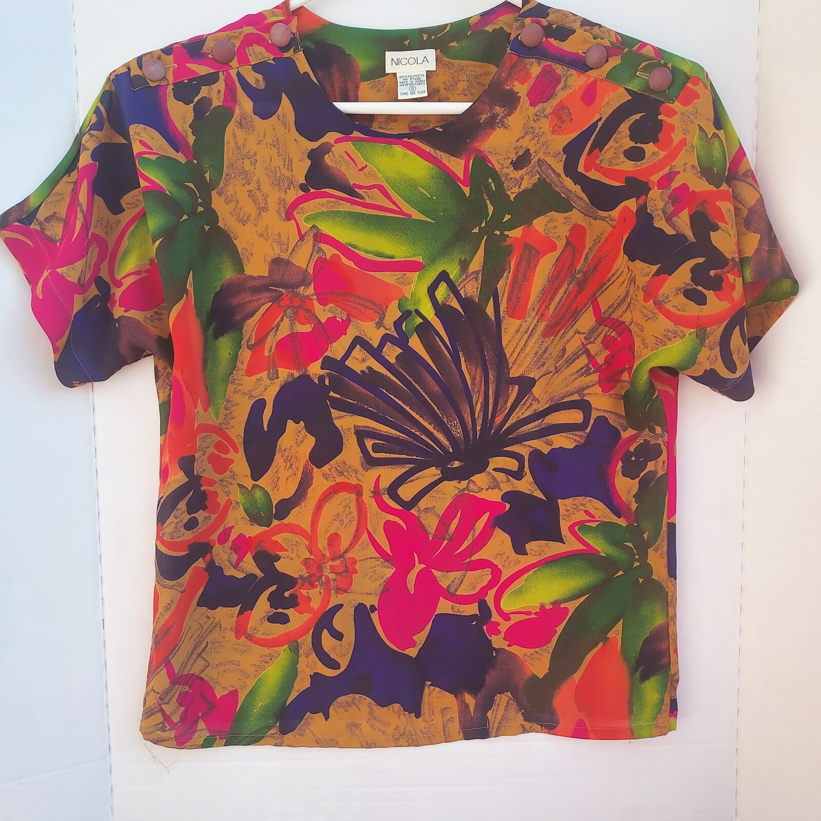 Vintage 80’s Nicola Vivid Autumn Abstract Floral Blouse Shoulder Pads Buttons