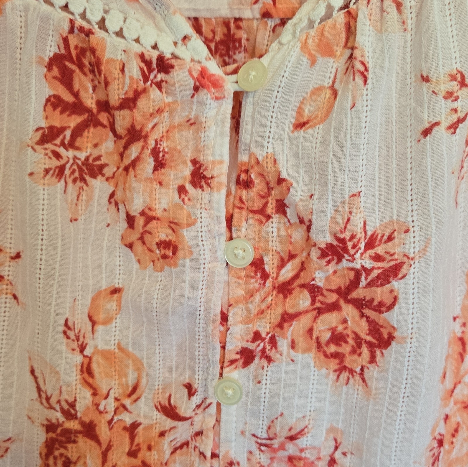 LOFT Women’s M White Orange Floral 3/4 Sleeve Cotton Button Up Blouse Cottage