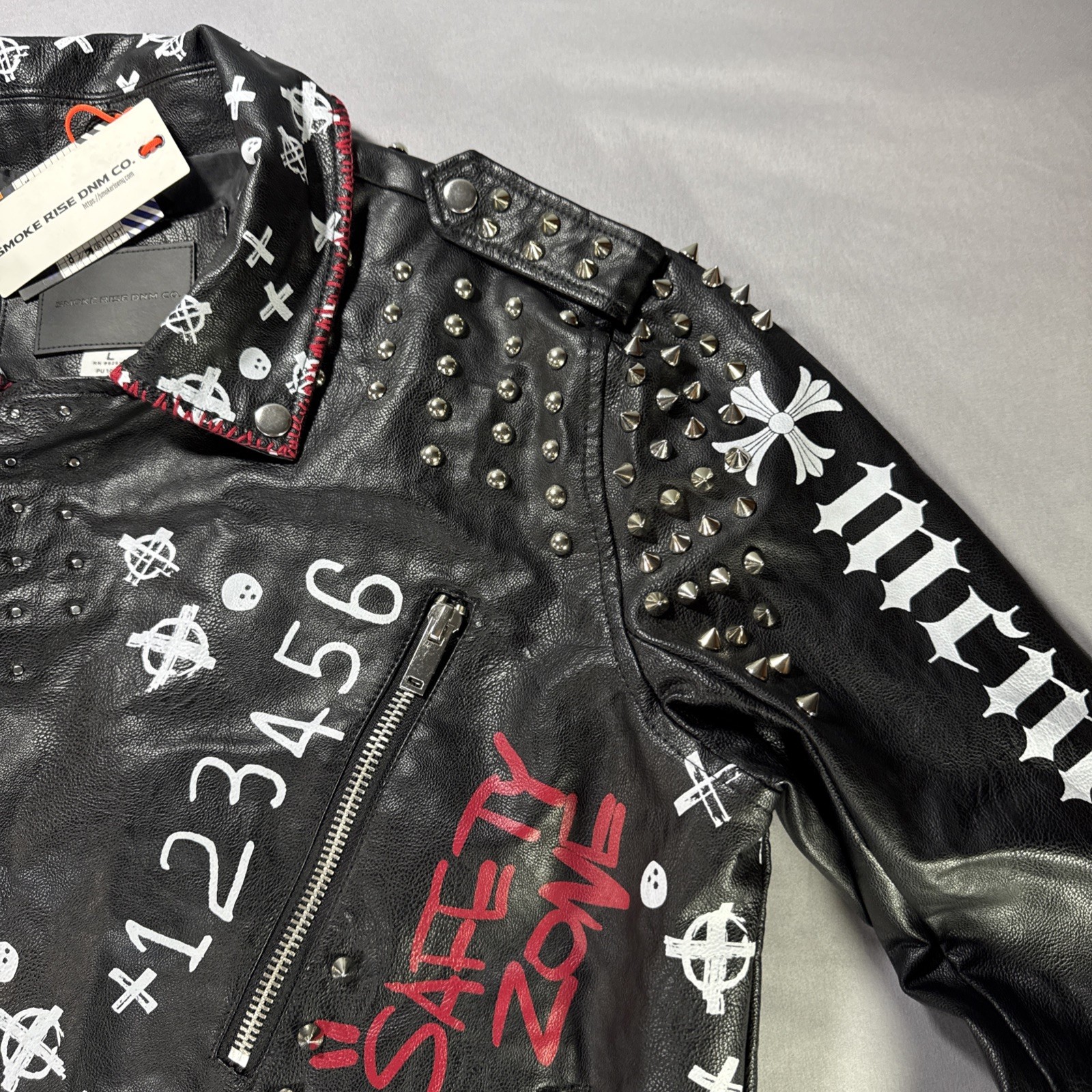 Smoke Rise Graffiti Vegan Leather Jacket Large Studded Punk Rock Moto Music NWT