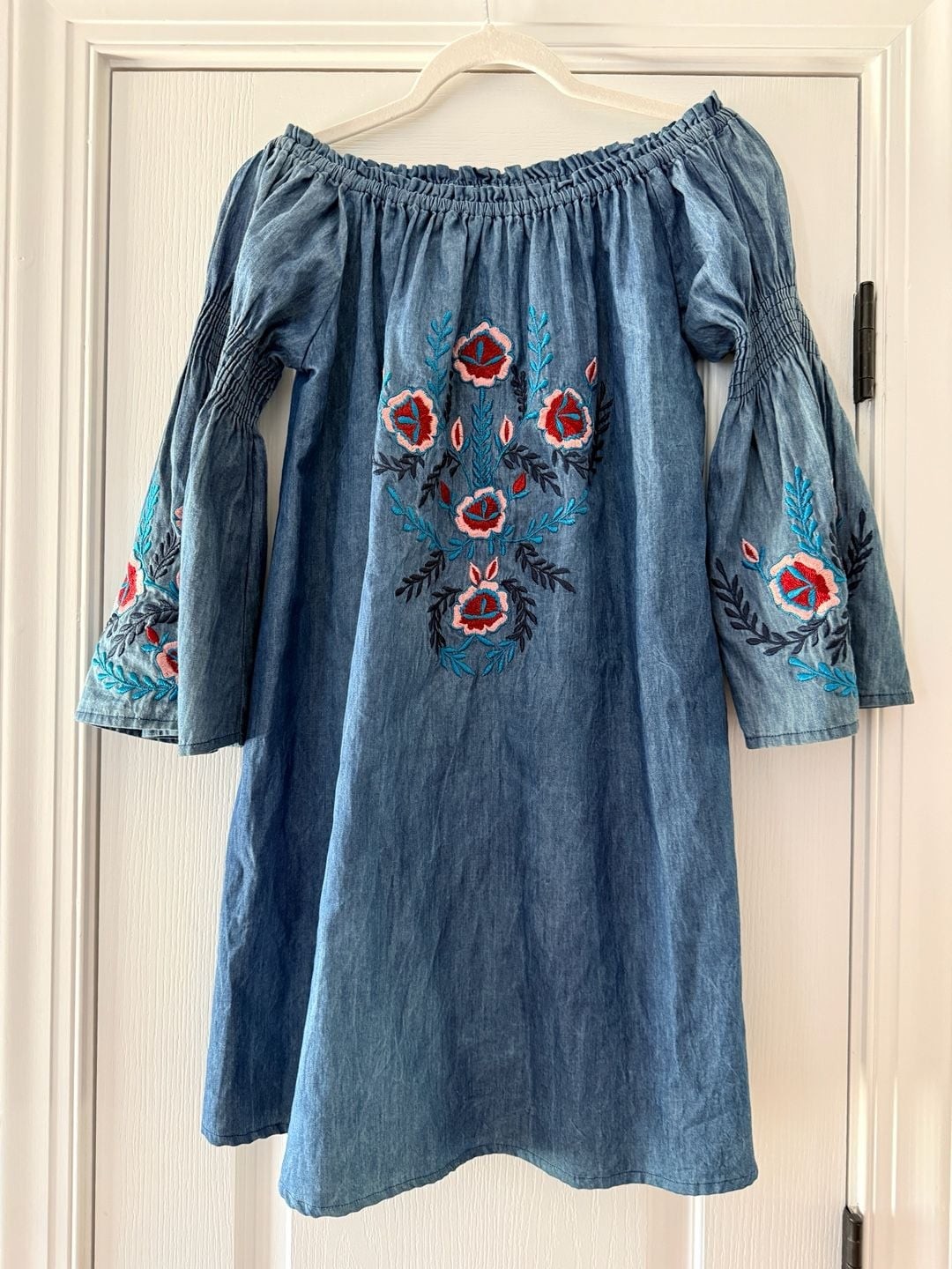 A&A Boho Off-The-Shoulder Embroidered Chambray Bell Sleeve Dress