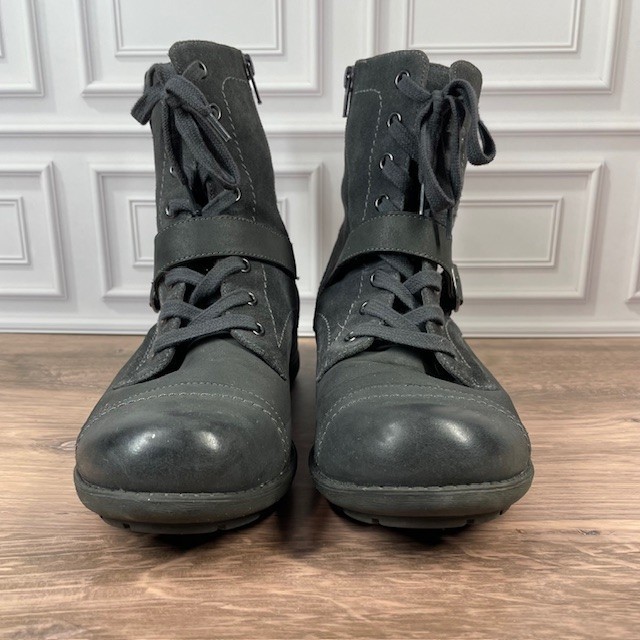 ABEO Verity Leather Combat/Moto Boots Lace Up Buckle Accent EUC Gray Size 9.5N