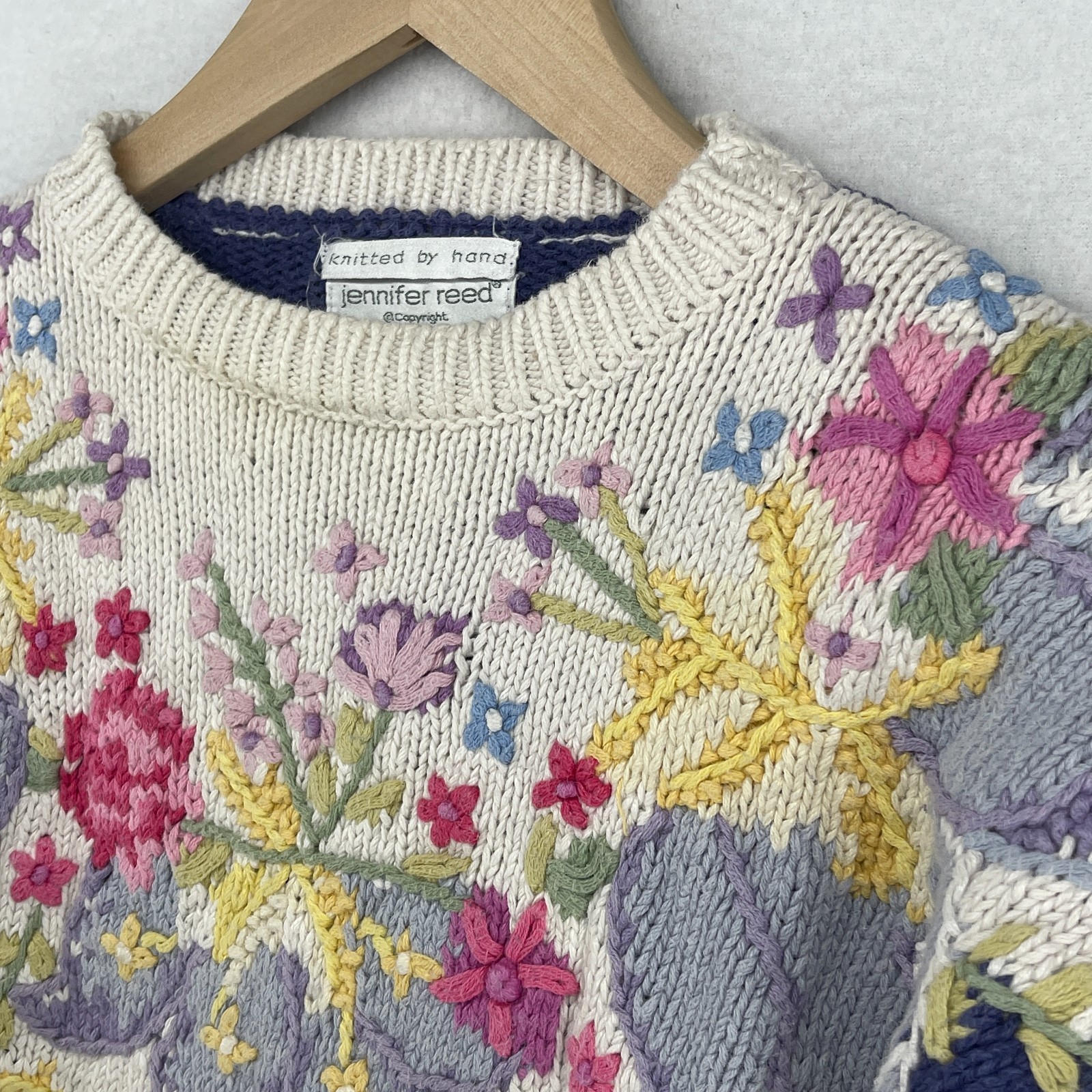 JENNIFER REED Sweater S Cottagecore Floral 80s Handknit Ramie Cotton Blue HK VTG