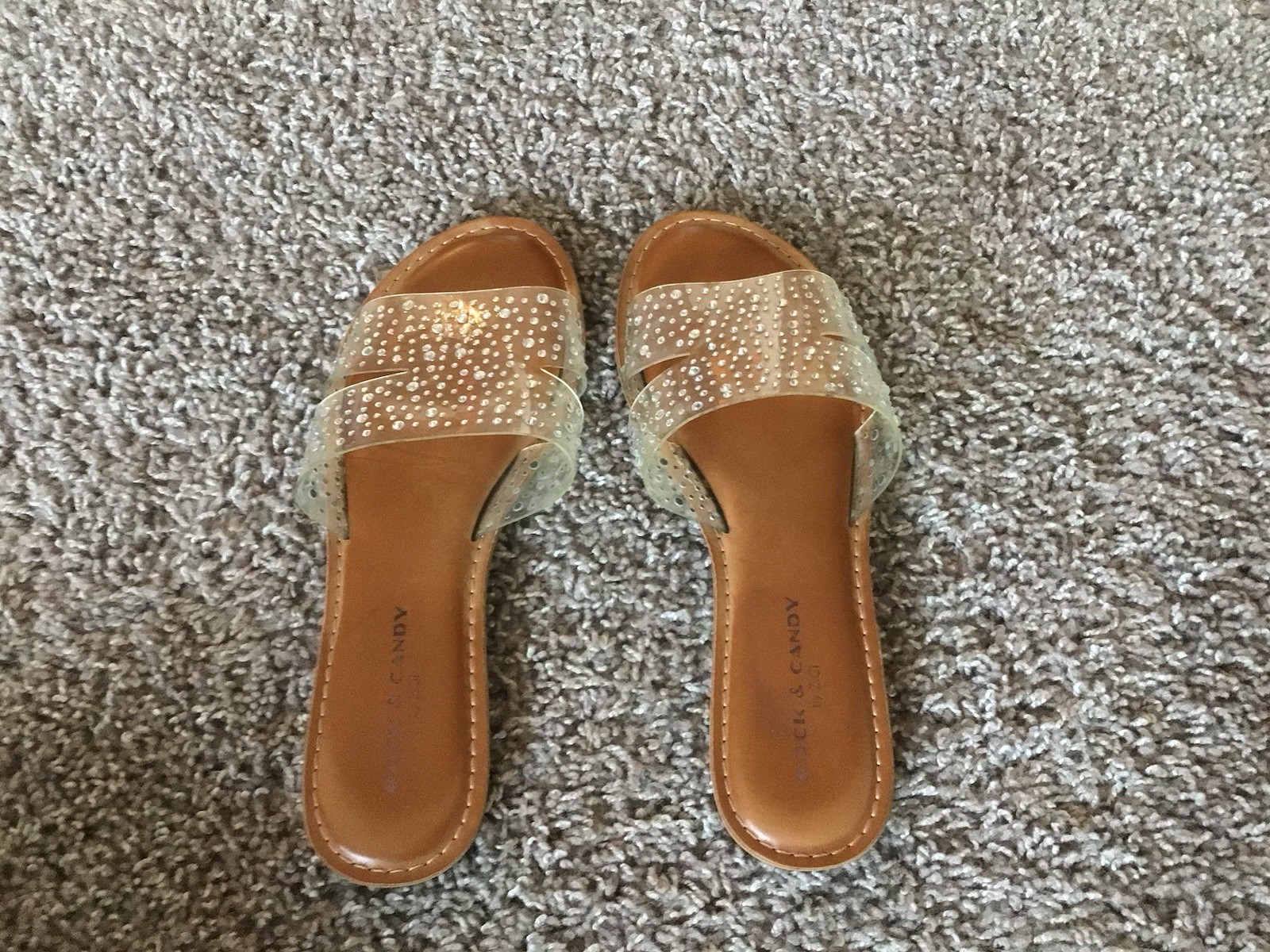 Rock & Candy Women’s Clear Rhinestone Slide Sandals Brown Footbed Slip On 8