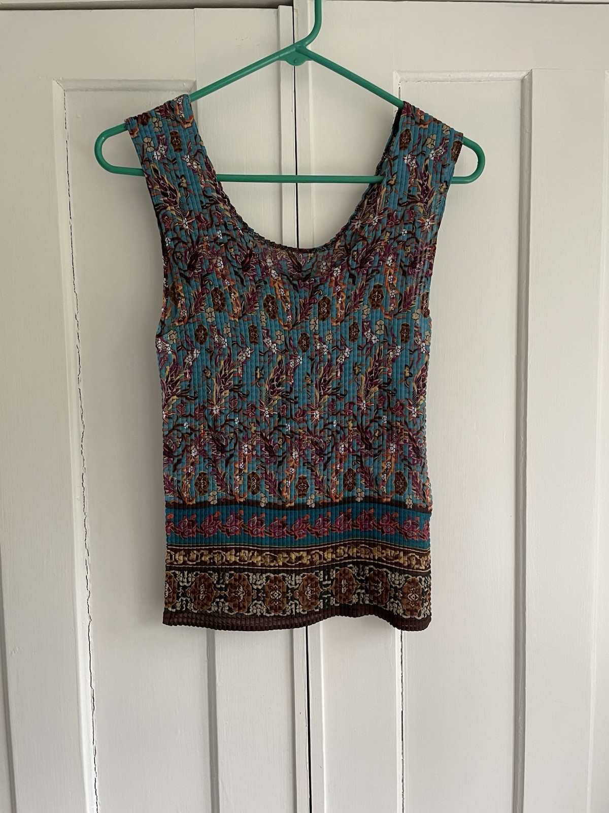 NICOLA Teal Floral Boho Sleeveless Tank Top Crinkly Travel Hippie LARGE Summer