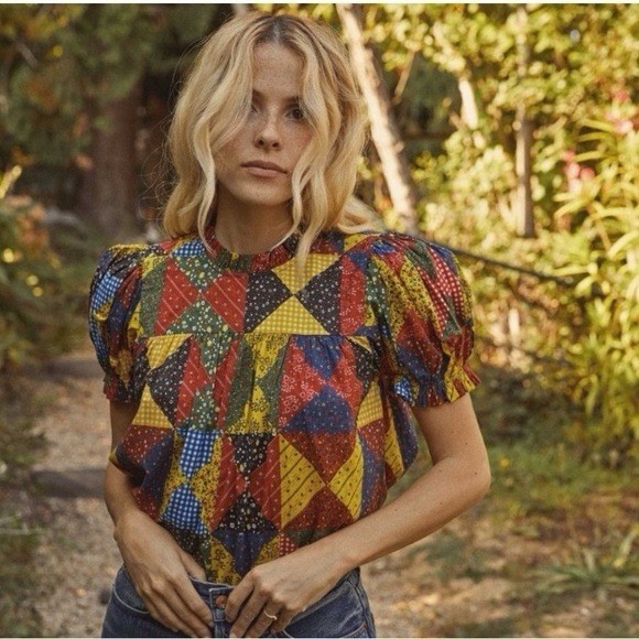 Dôen Women’s Patchwork Puff Sleeve Blouse Round Neck Ruffle Multicolor XL