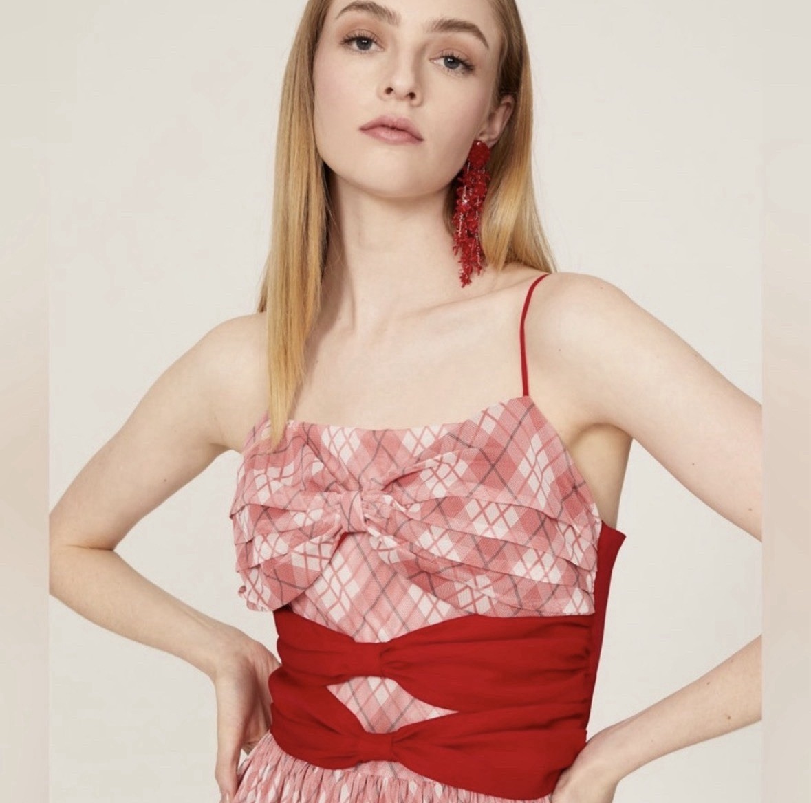 Adam Lippes Red, White & Pink Sleeveless Bow Front Mesh Plaid Midi Dress Size 6