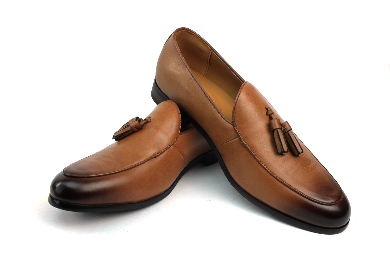 Genuine Leather Cognac Brown Slip On Men’s Dress Shoes Loafers With Tassel AZAR
