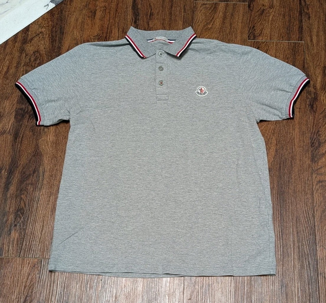 Moncler Mens Short Sleeve Tri Color Trim Polo Shirt Gray Cotton Size Large