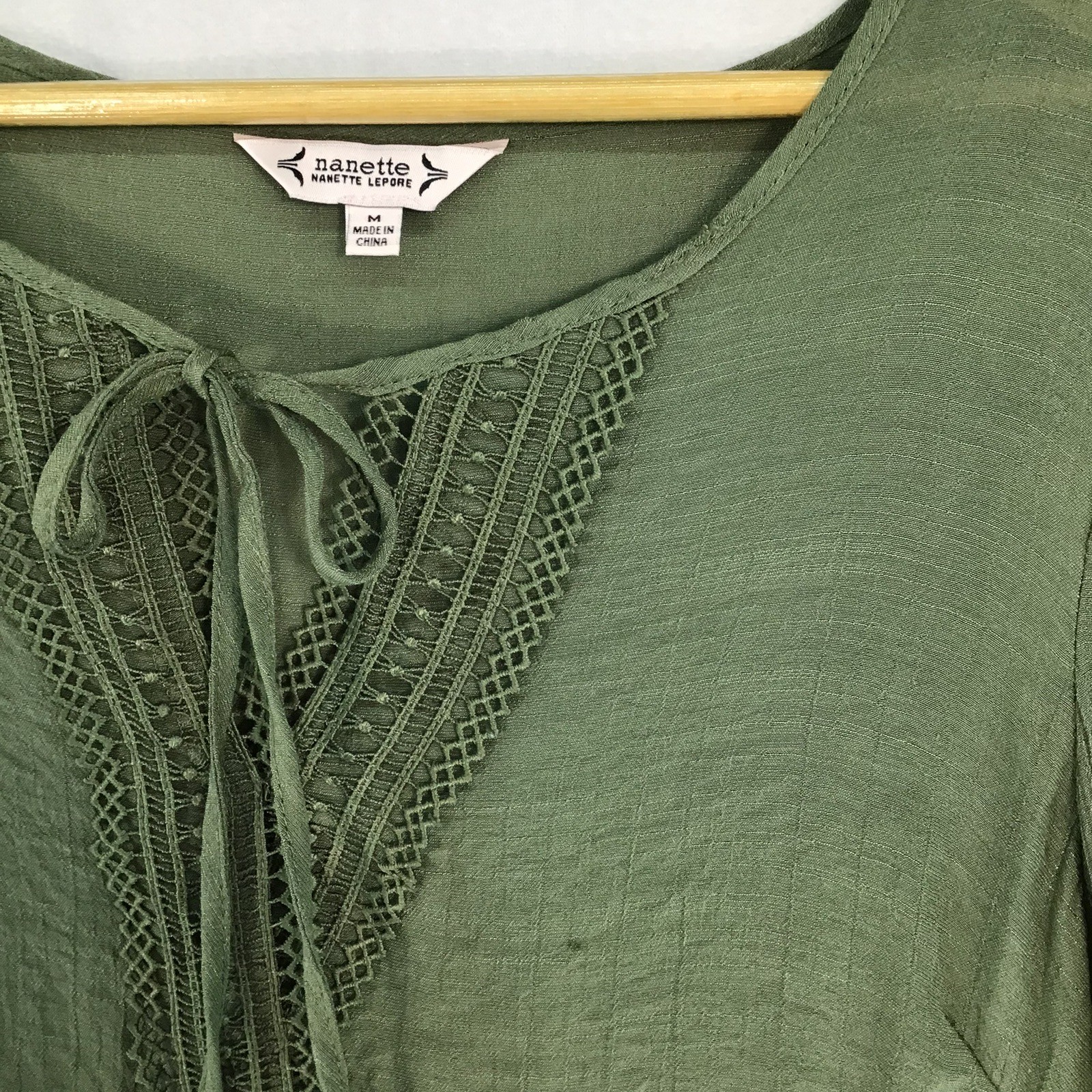 Babydoll Cottage Core Peasant Blouse Top Medium Moss Green Embroidered Lace