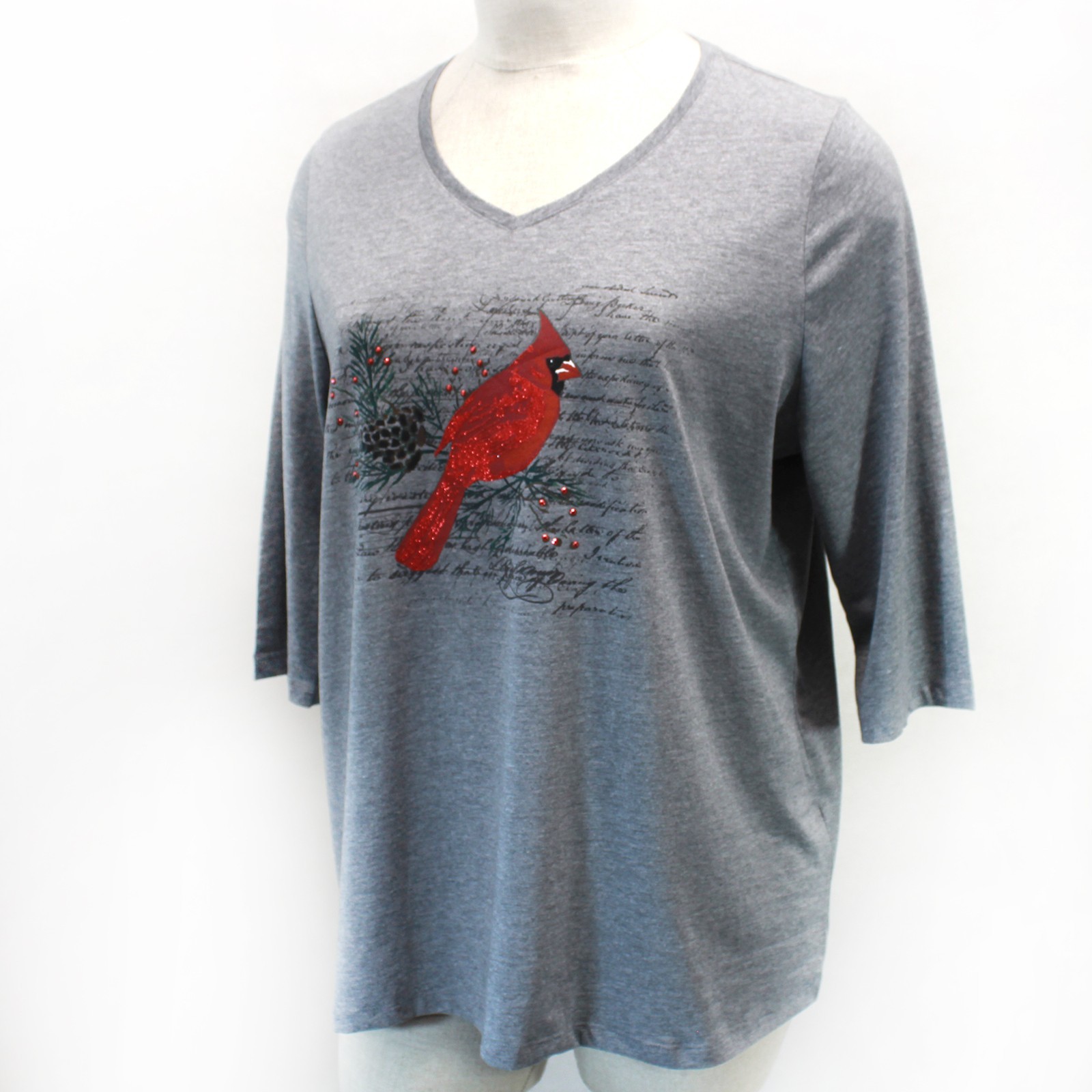 Catherines Plus Gray Cotton Glitter Bird Christmas Top Blouse 3X 26/28W