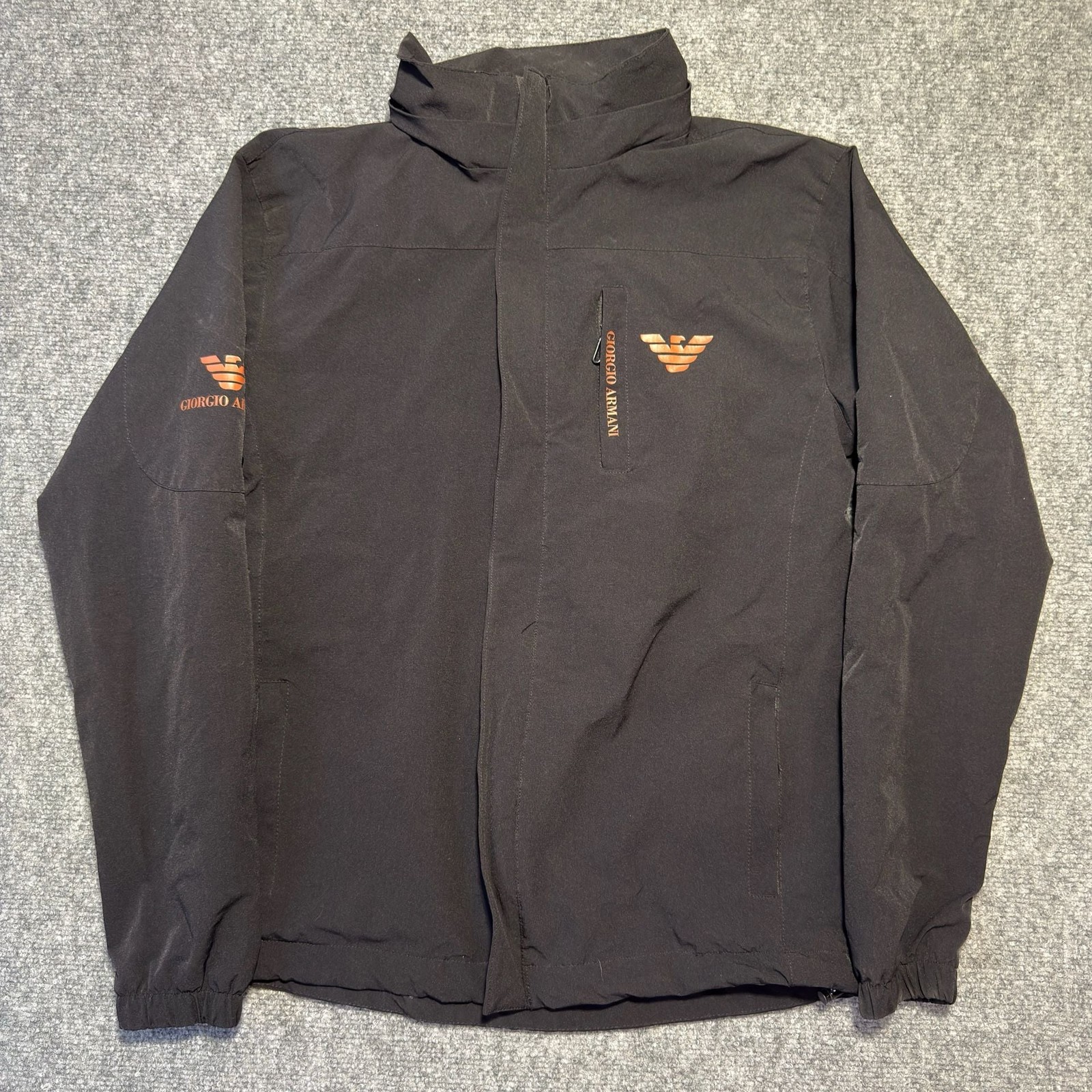 Giorgio Armani Men’s Black Full-Zip Lightweight Jacket with Orange Logo Detail
