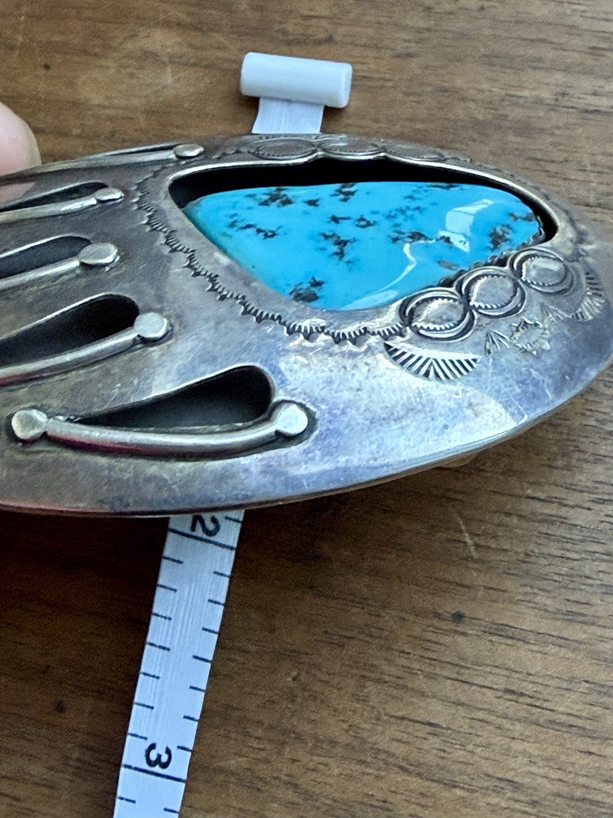 Signed Vintage Navajo Shadowbox Sterling Silver Turquoise Bear Claw Belt Buckle