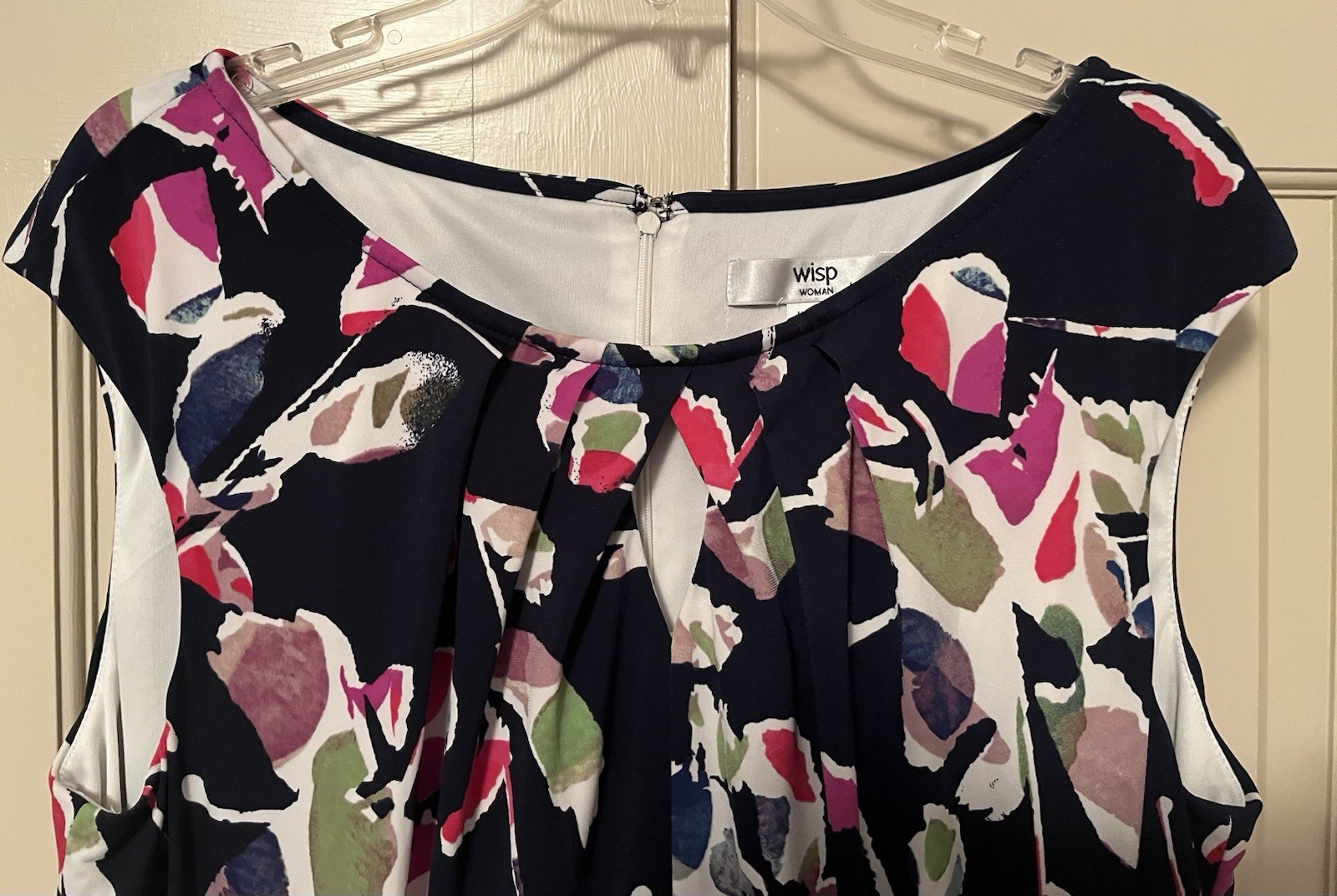 WISP Dress 18W Graphic Floral dk Navy White Pink Green Key-hole neck Cap Sleeves