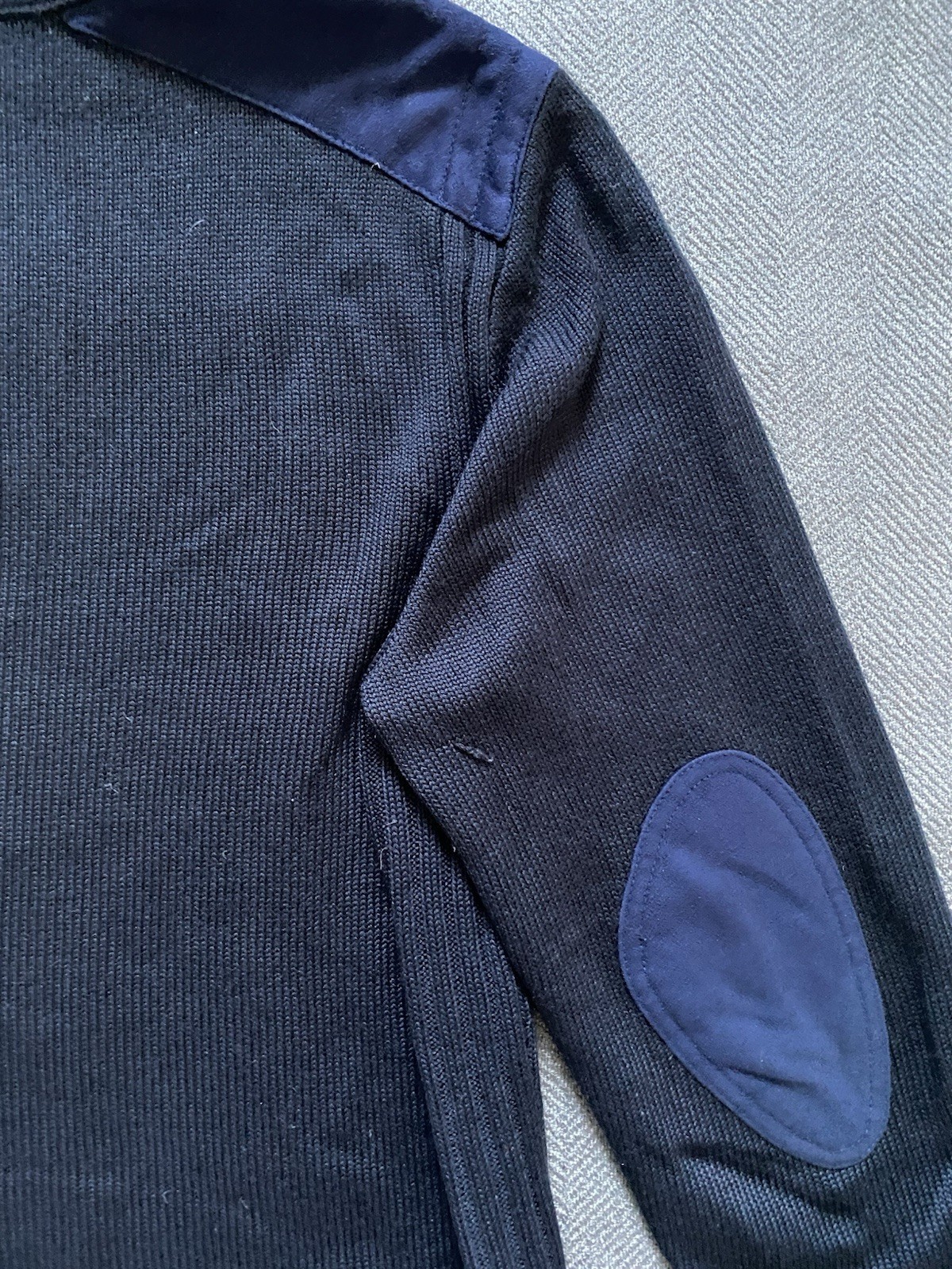 Hugo Boss Sweater Mens L Navy Quarter Zip Wool Elbow Patch Knit