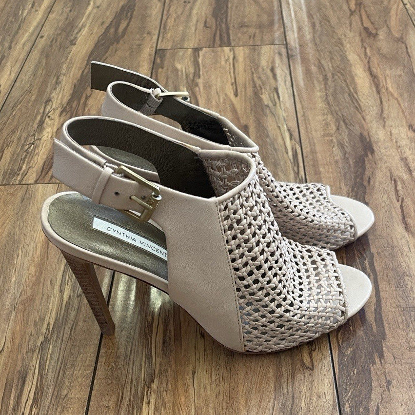 Cynthia Vincent Women’s Beige Woven Strappy Open Toe Stiletto Heels 8