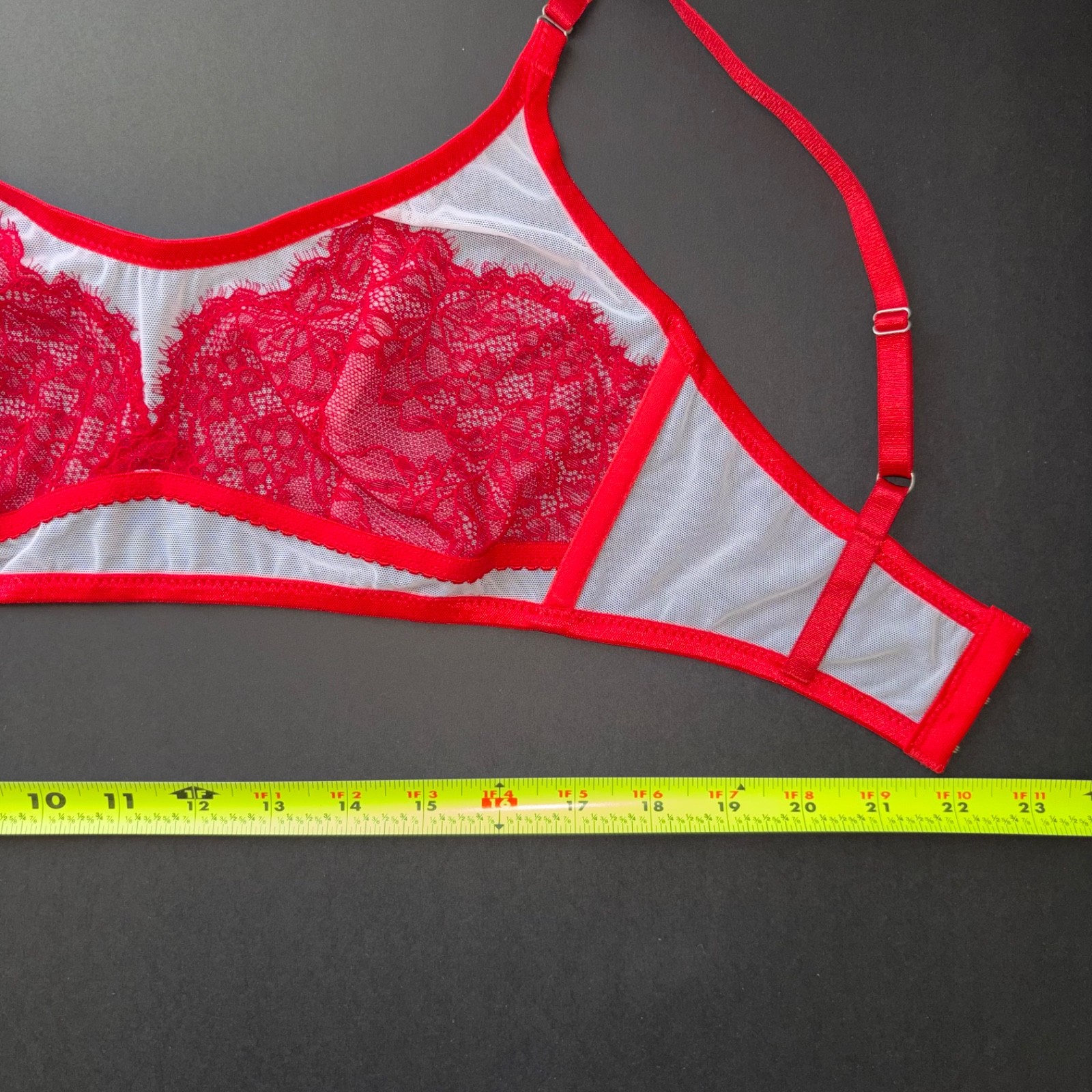 Handmade White Sheer Mesh Retro Red Chantilly Lace Bralette Bra Bustier 34B 32C