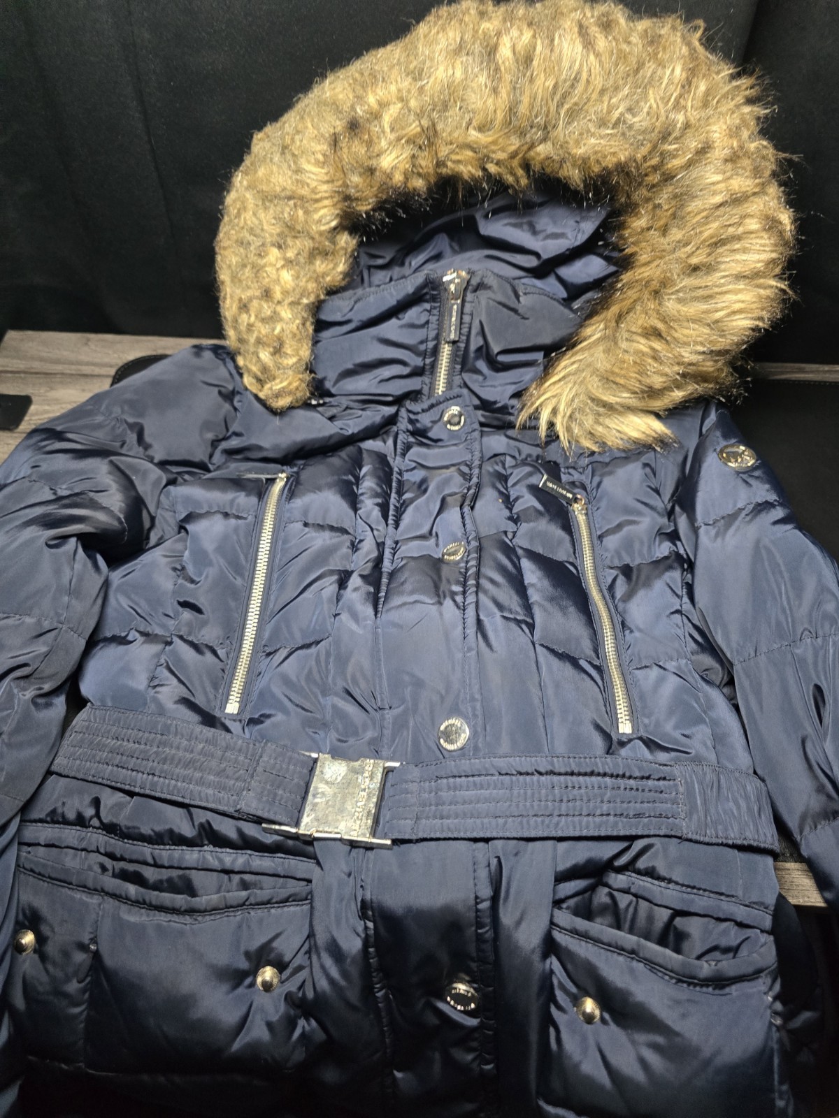 MICHAEL Michael Kors Navy Down Puffer Jacket Faux Fur Hood Belted XS