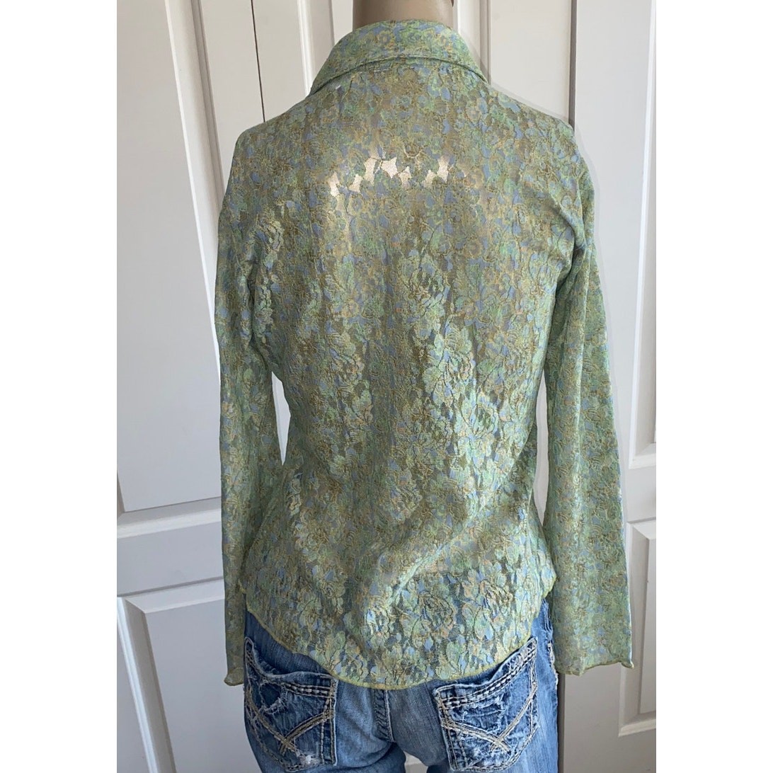 20X Women Medium Blouse Top Button up Y2K Buffy Lace Floral Flare Sleeve