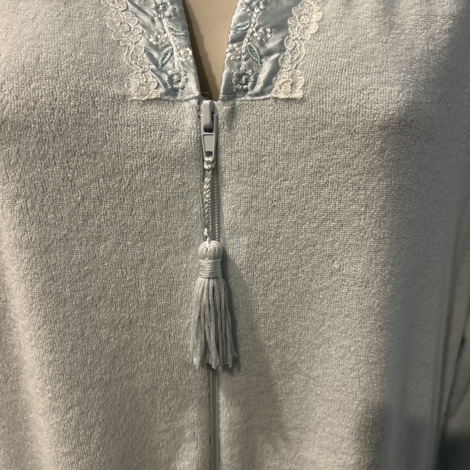 NEW Miss Elaine Petites Sz S Blue Dress Robe Zip Front Embroidered & Pockets