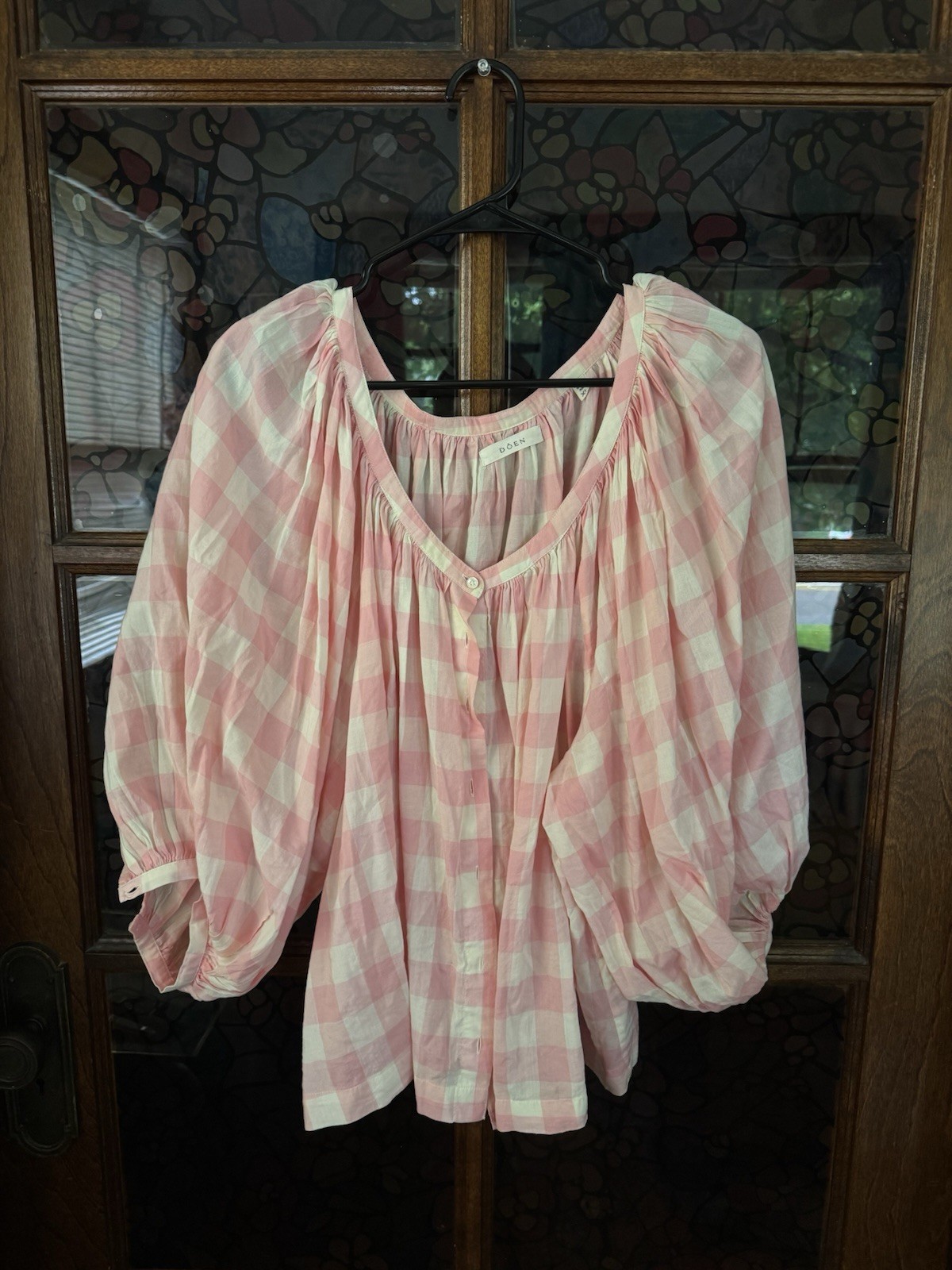 DÔEN Pink White Gingham V-Neck Puff 3/4 Sleeve Button Front Blouse XL