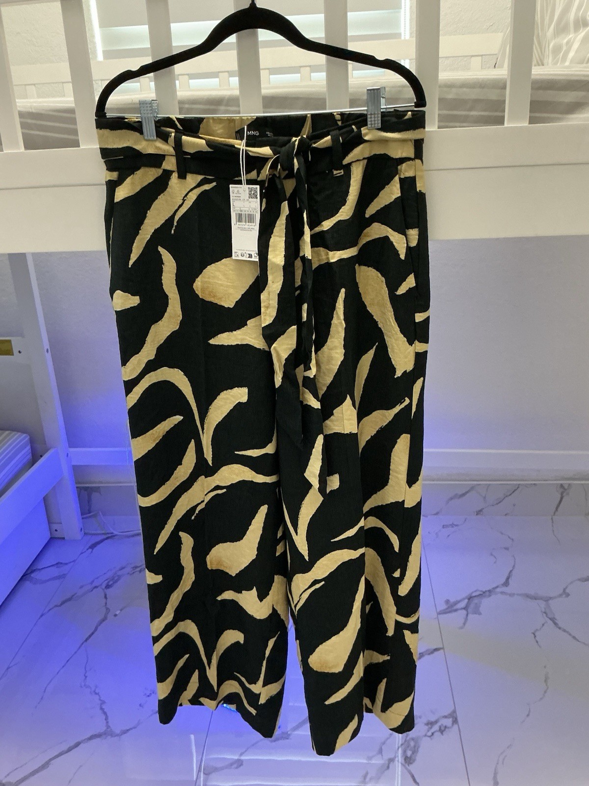 Mango Women’s Black Beige Abstract Wide-Leg Pants Tie Waist w/ Pockets L