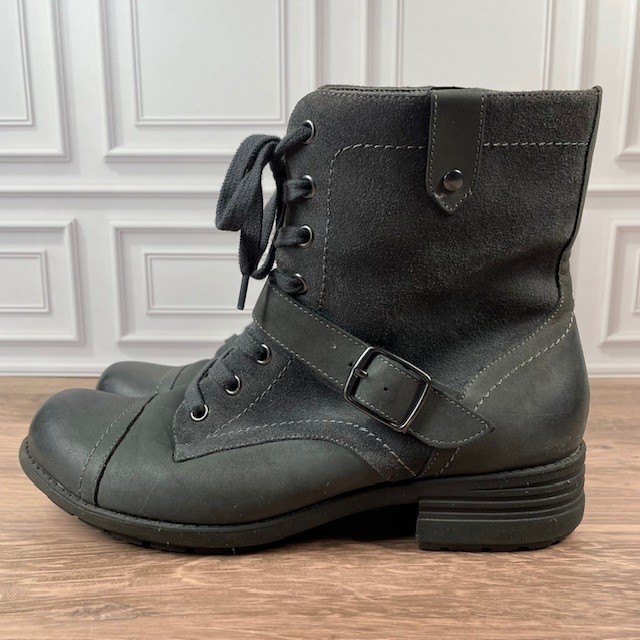 ABEO Verity Leather Combat/Moto Boots Lace Up Buckle Accent EUC Gray Size 9.5N