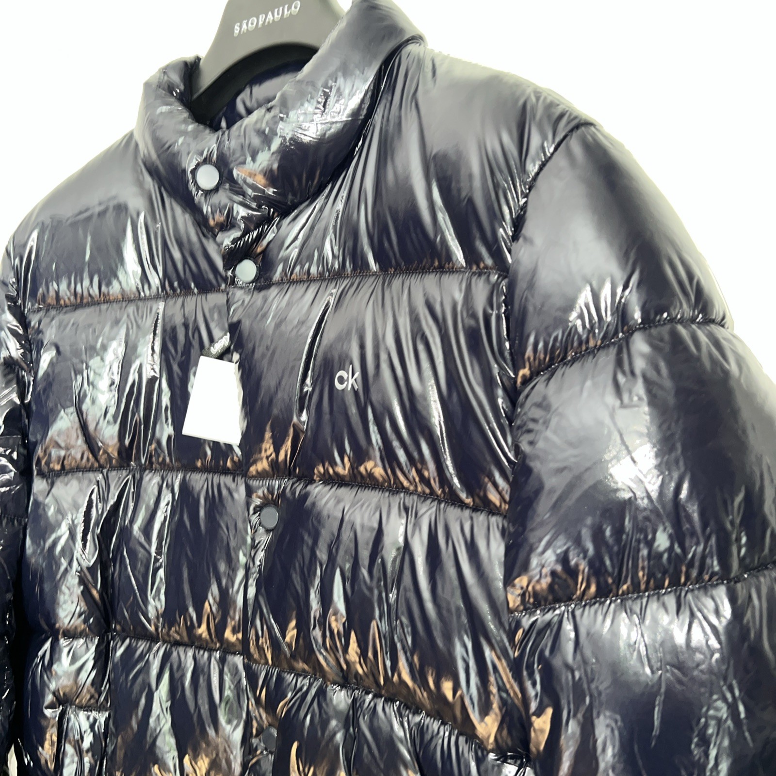 $225 NWT CALVIN KLEIN MENS SNAP FRONT PUFFER JACKET COAT NAVY SHINY LARGE