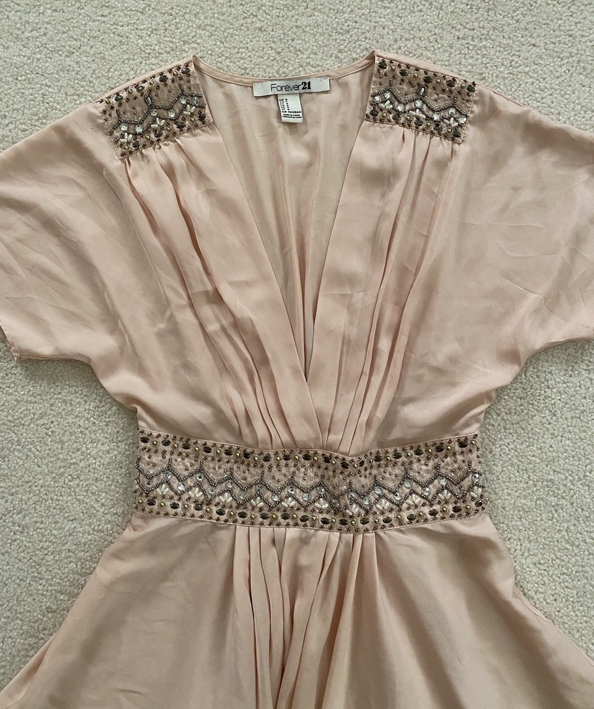 Forever 21 Peach Beaded Romantic Ethereal Babydoll V-Neck Top Short Sleeve ~ S