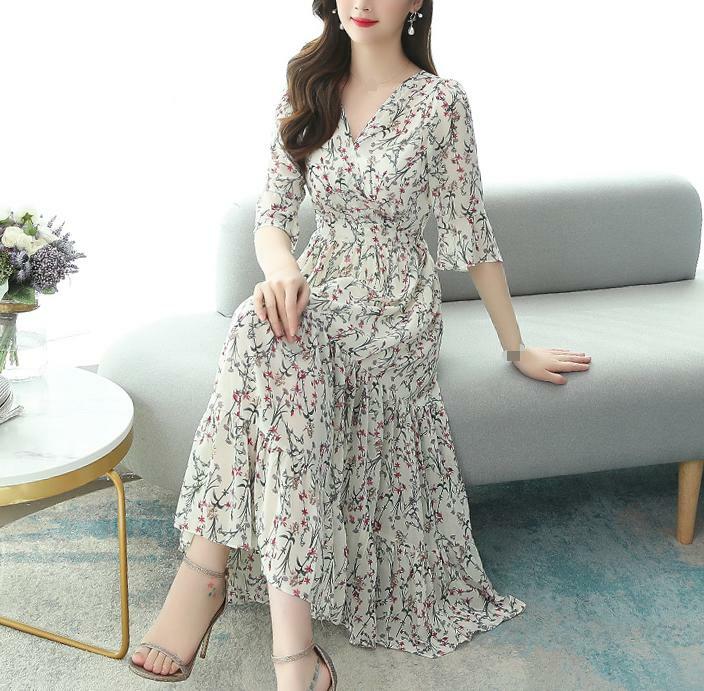 Women’s Floral Print V-Neck 3/4 Sleeve Beach Chiffon Long Maxi Dress Slim New