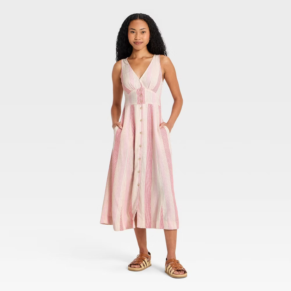 Women Woven Button-Front Midi Sundress – Universal Thread Pink Striped L