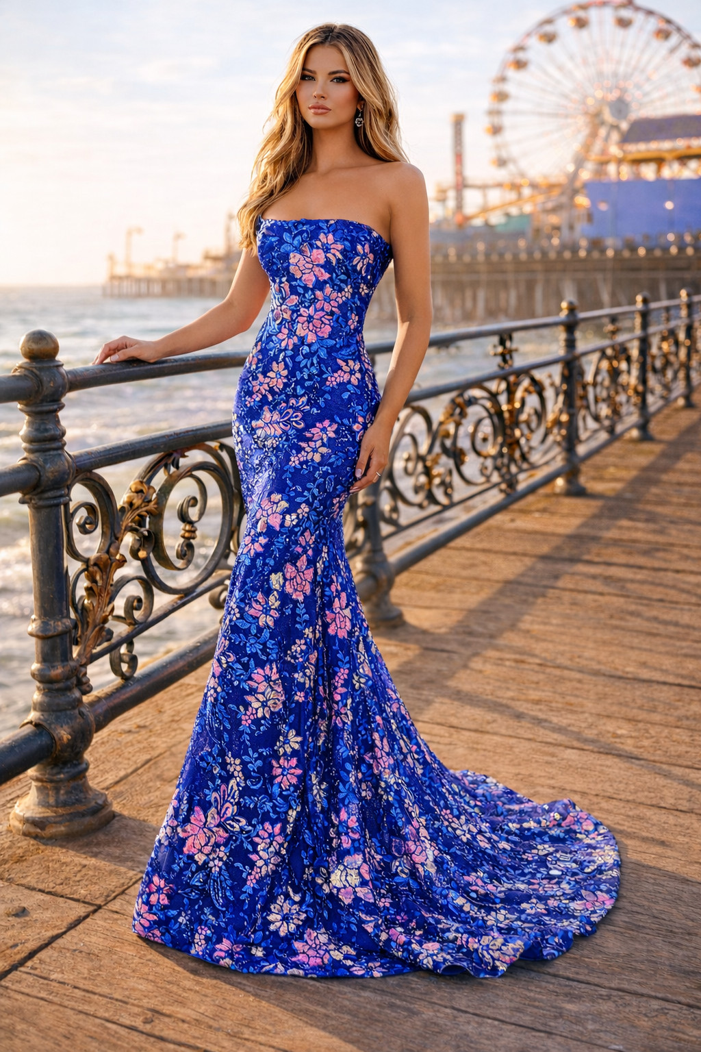 Long Blue Multi Color Floral Embroidered Sequin Fit And Flare Prom Dress Size 6