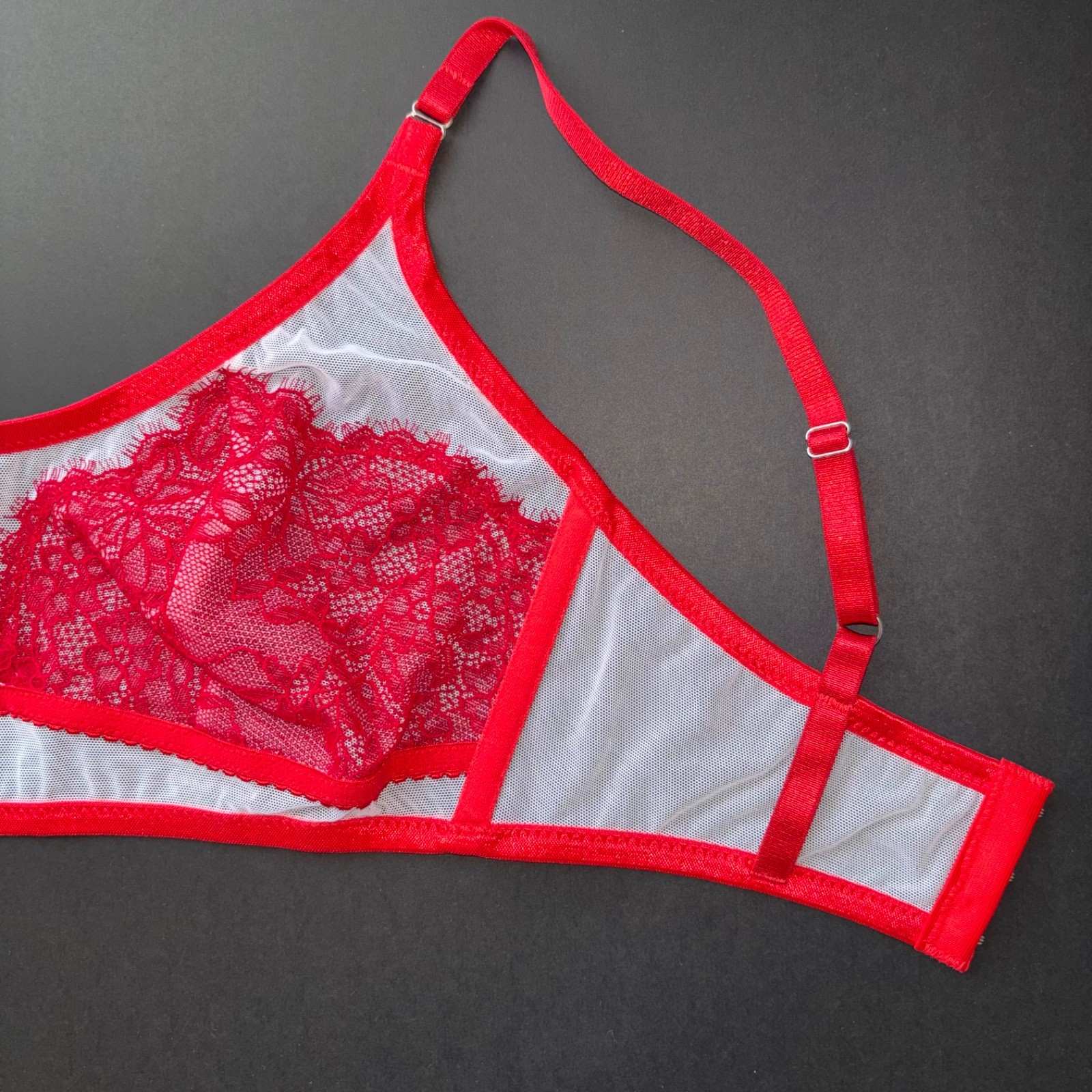 Handmade White Sheer Mesh Retro Red Chantilly Lace Bralette Bra Bustier 34B 32C