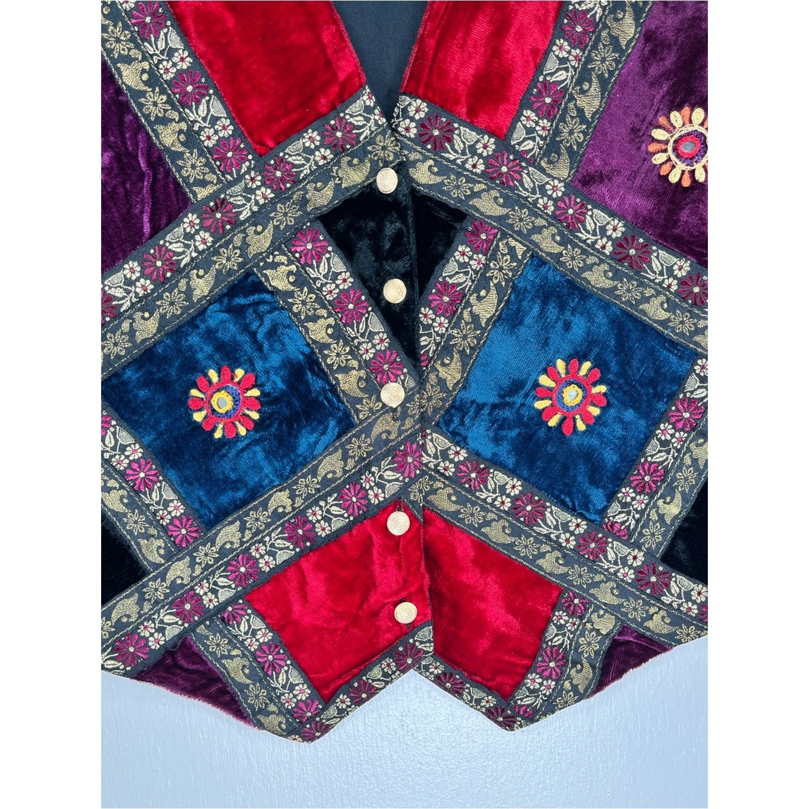 Vintage 1990s Velvet Patchwork Vest Embroidered Button-Up Medium Jewel Tones