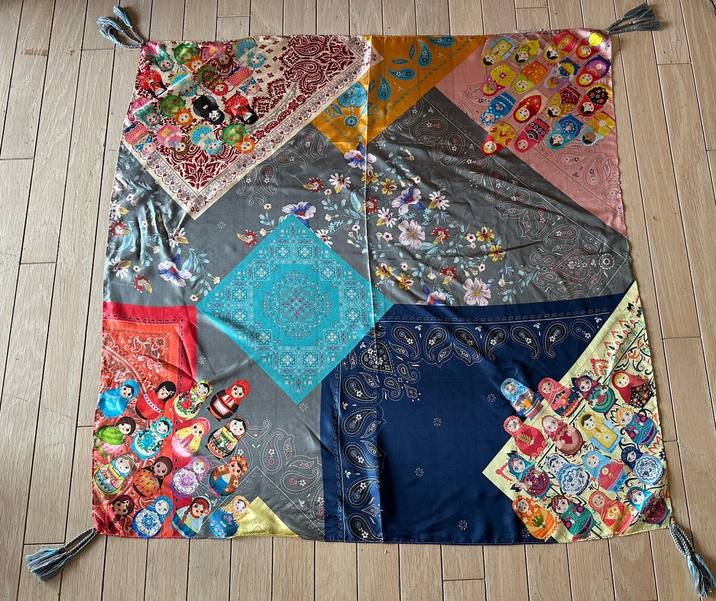 Johnny Was Silk Scarf RARE Floral Patchwork Nesting Dolls Print Tassels 42″x42″