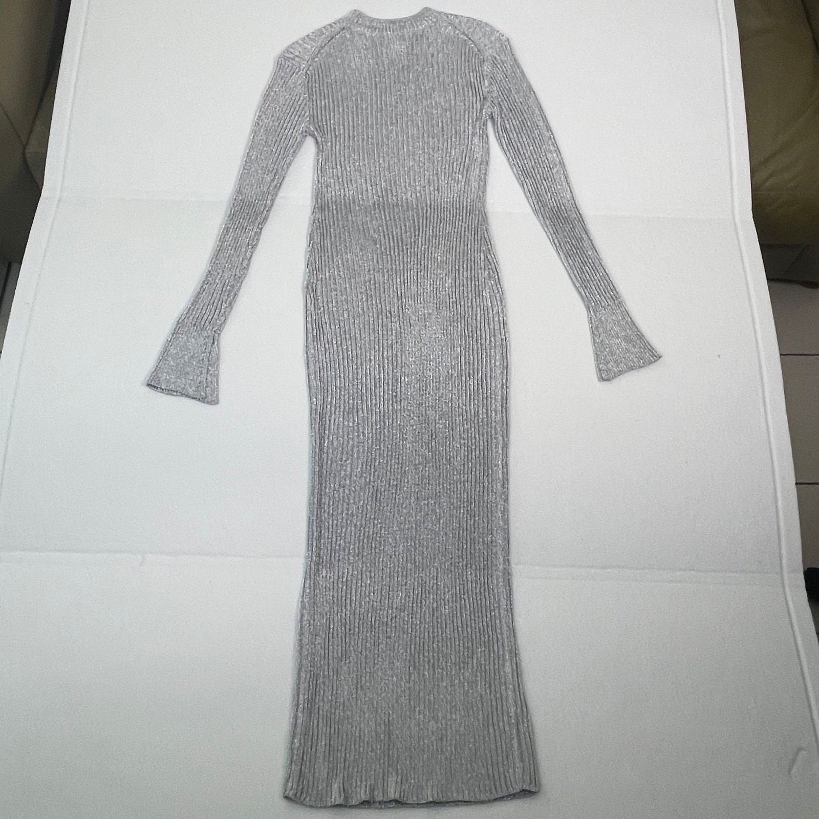 H&M Silver Metallic Ribbed Knit Maxi Dress Bell Sleeve Bodycon Long Sleeve XS
