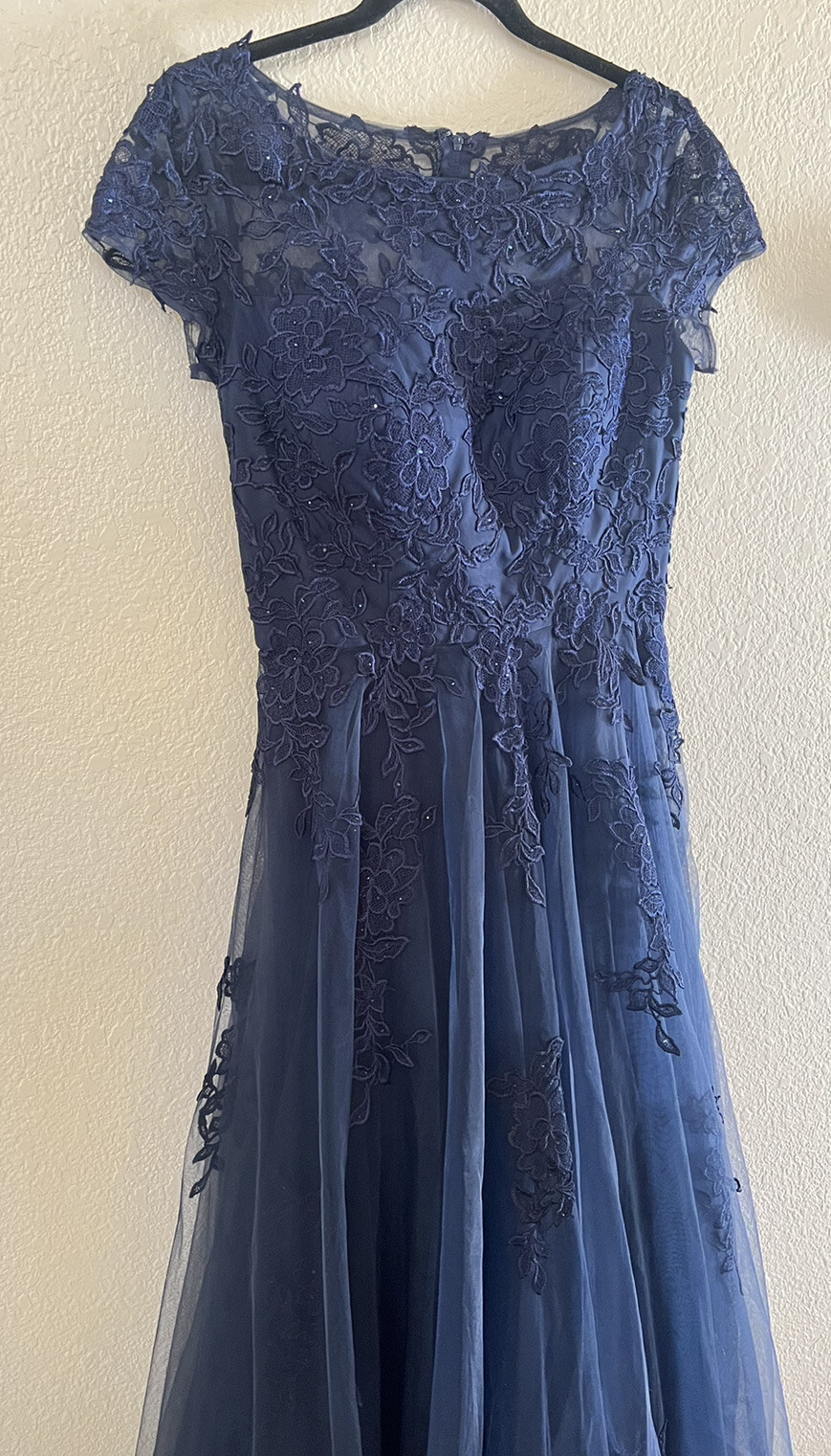 New La Femme 27920 Lace Bateau Tulle A-line Gown In Navy Sz 4 $578