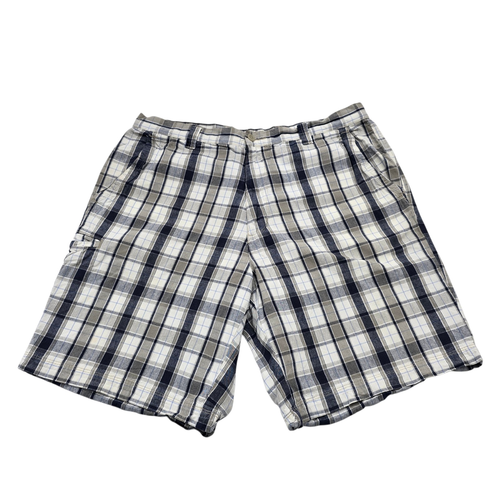 Dockers Mens Plaid Flat Front Shorts White Navy Gray W36 Relaxed Fit