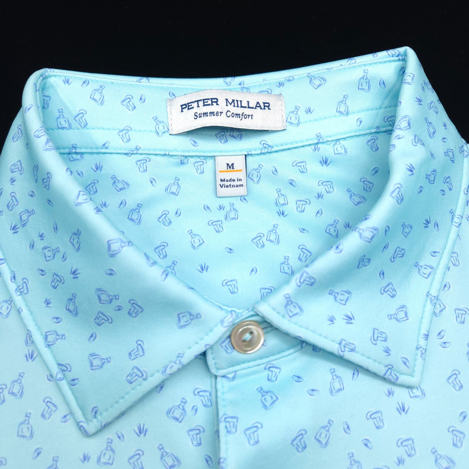 PETER MILLAR GOLF POLO SHIRT -M- AQUA BLUE WHITE COCKTAIL DOT SUMMER COMFORT