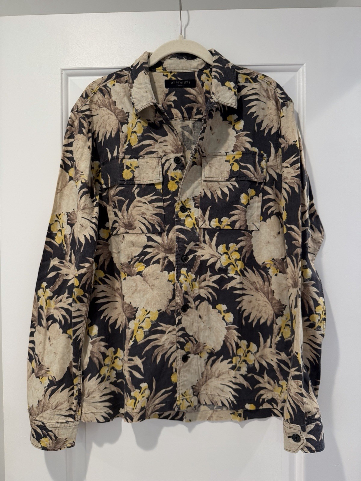 ALLSAINTS Men’s S Floral Button-Up Shirt Black Beige Yellow Long Sleeve – Size S