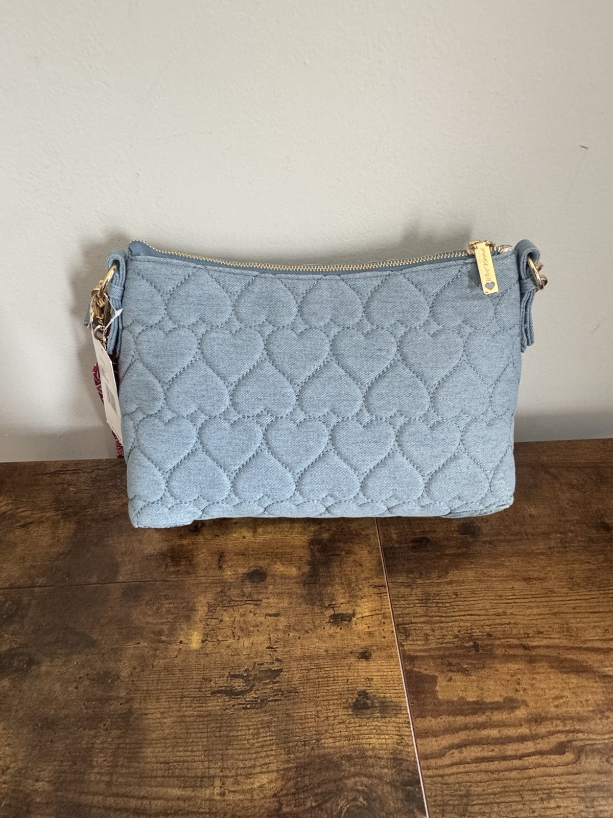 Betsey Johnson Quilted Heart Crossbody Bag in Light Blue Denim
