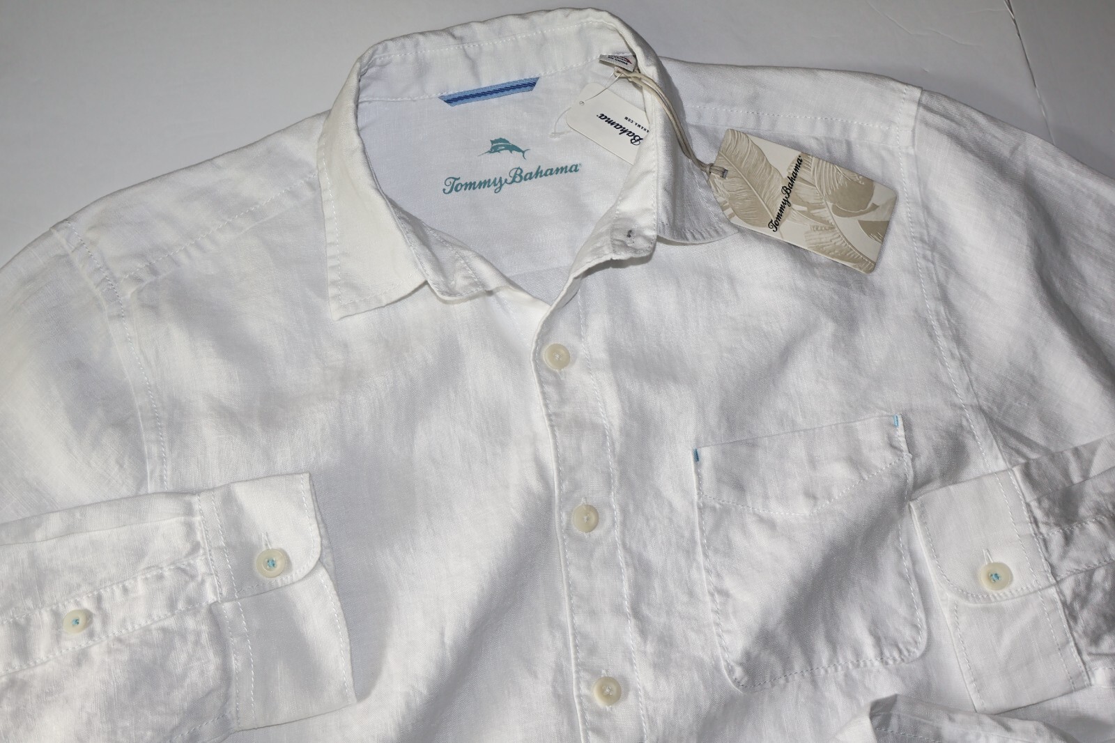 Tommy Bahama Shirt Sea Glass Breezer White Solid Linen New LS Medium M