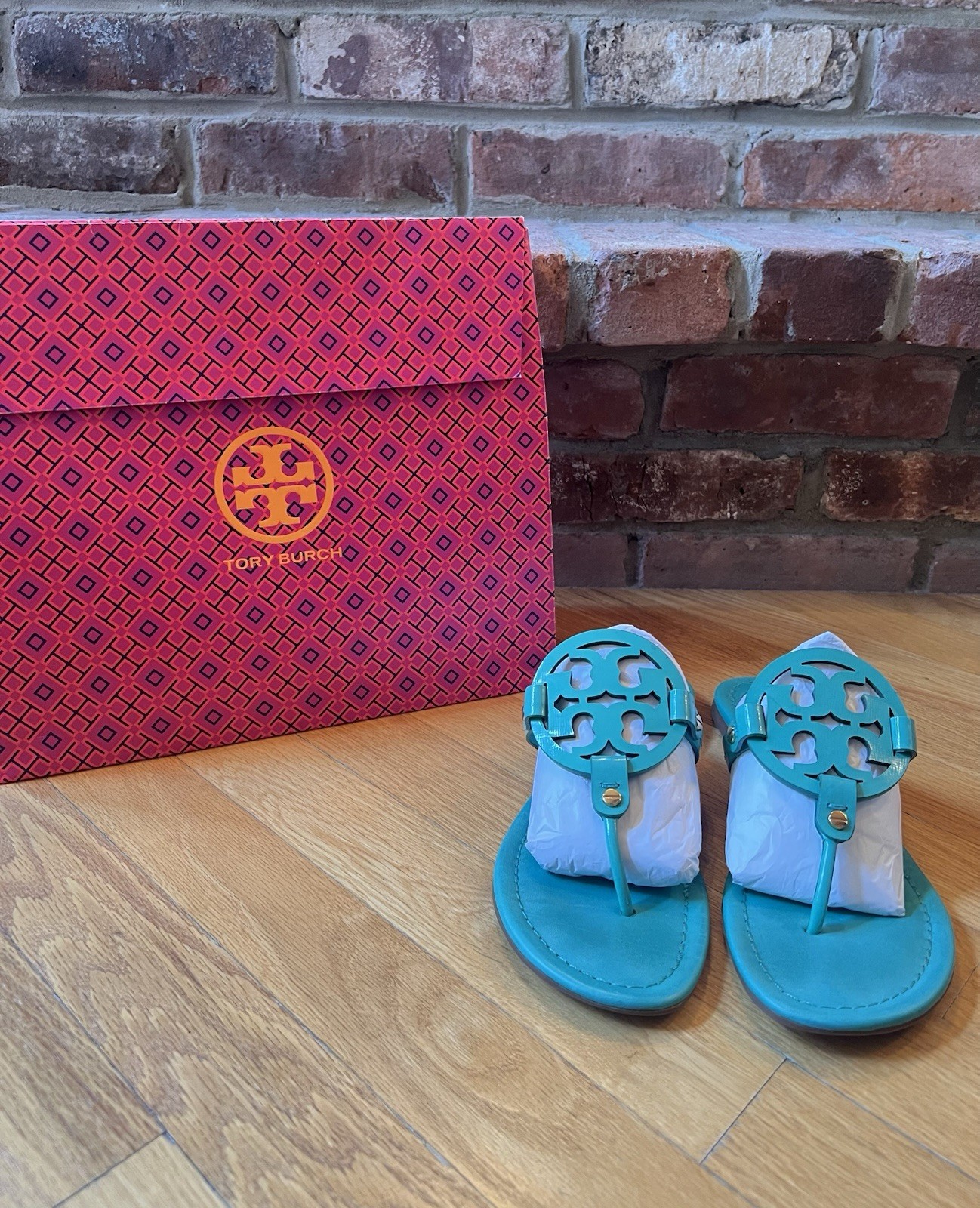 Tory Burch Island Turquoise Leather Miller Sandals
