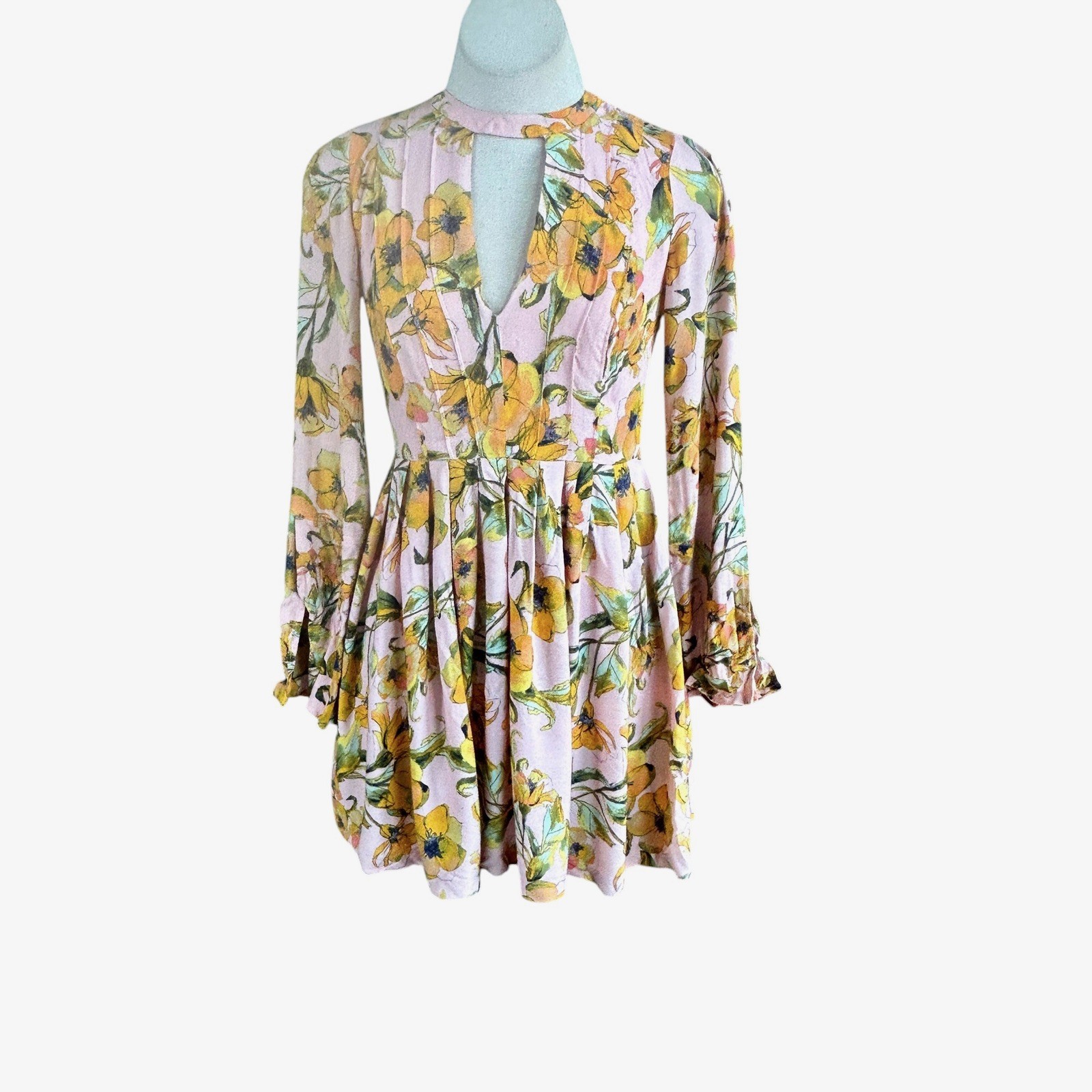 Free People Dress Tegan Floral Cutout V-Neck Pleated Long Sleeve Mini Skater