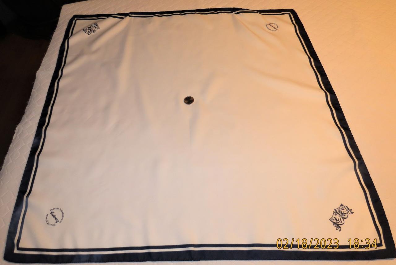 Scottish Showbusiness square scarf; dark navy, white; 27×27 inches, polyester