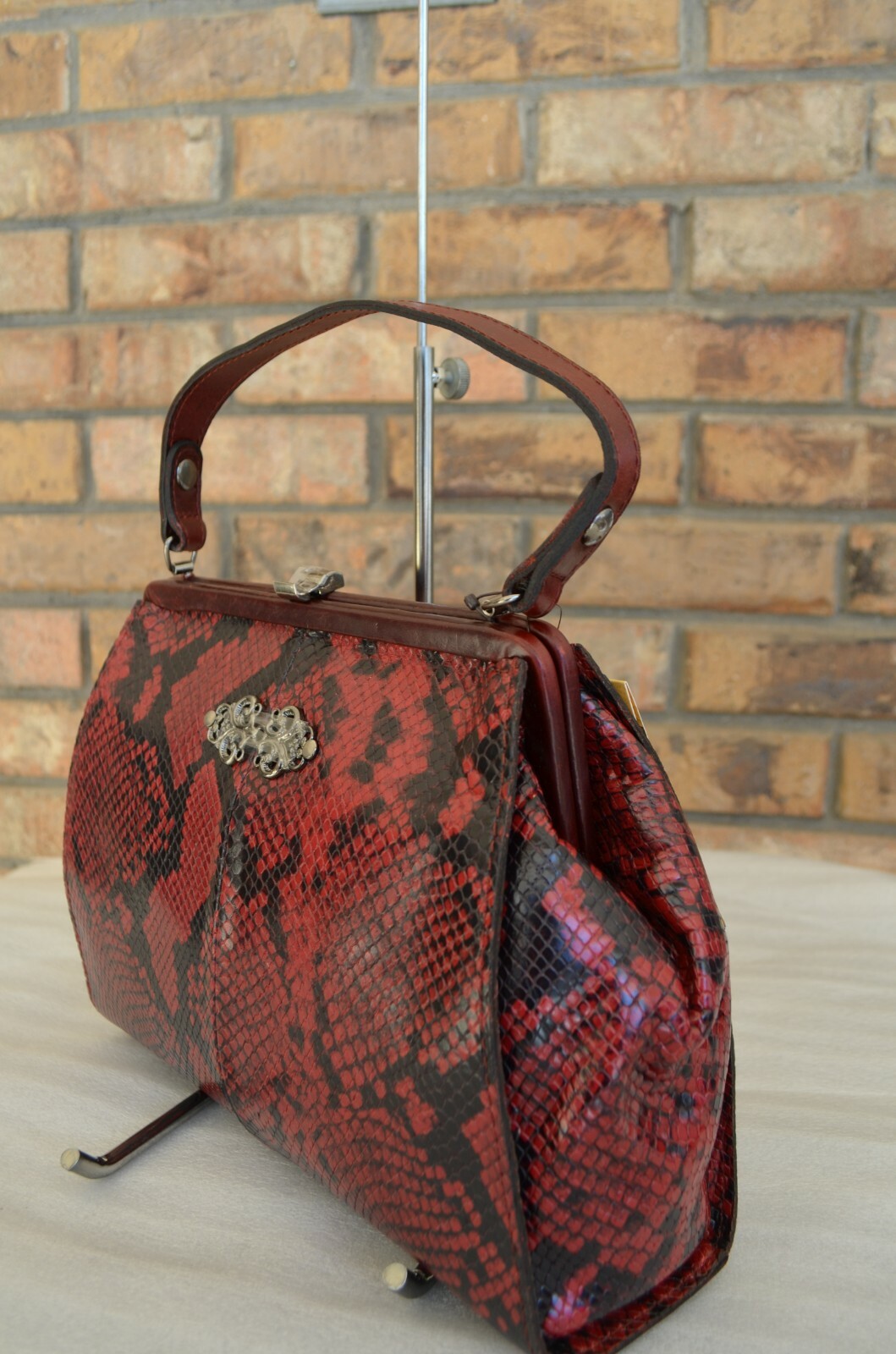 NWT $199 Patricia Nash Berry Red Leather Italian Python Bonifati Framed Satchel