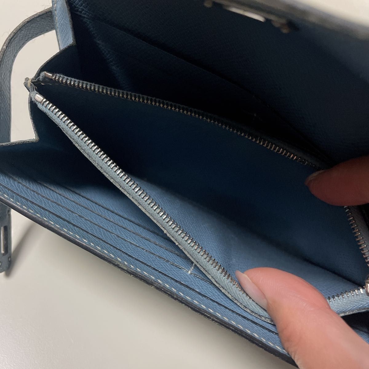 HERMES Paris Kelly Long Wallet Blue Jean Silver Folding Authentic Turn Lock