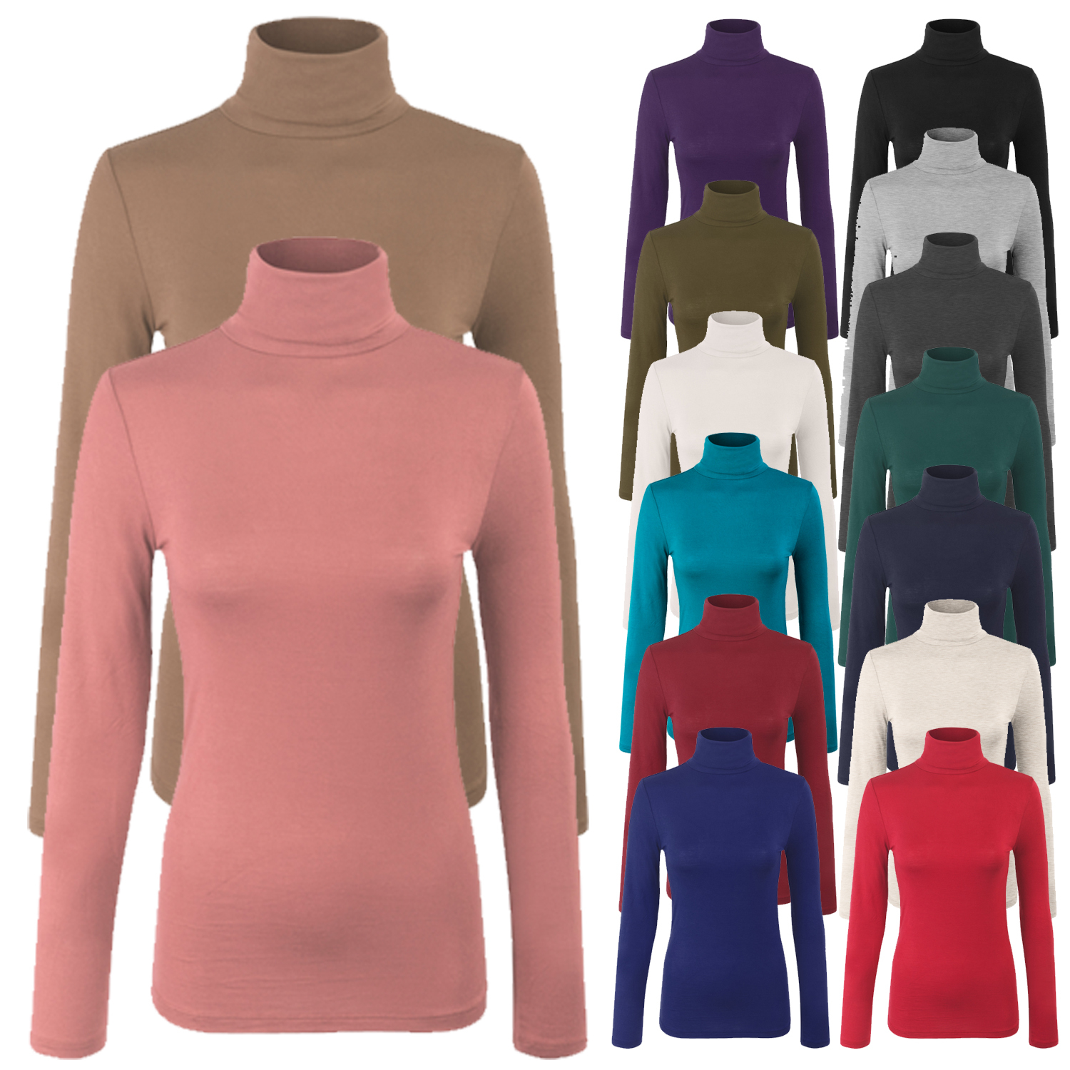 Women’s Turtleneck Long Sleeve Basic Solid Fitted Shirt with Stretch S,M,L