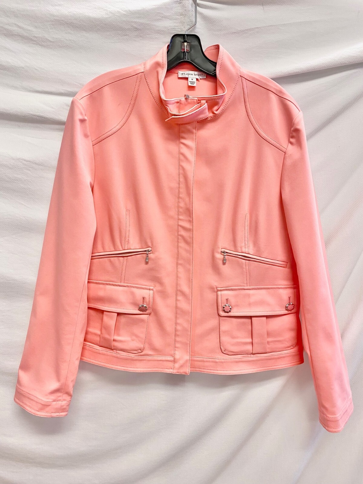 ST. JOHN Sport Pink High Neck Zip Front Multi Pockets Moto Biker Jacket 16 XL 💗