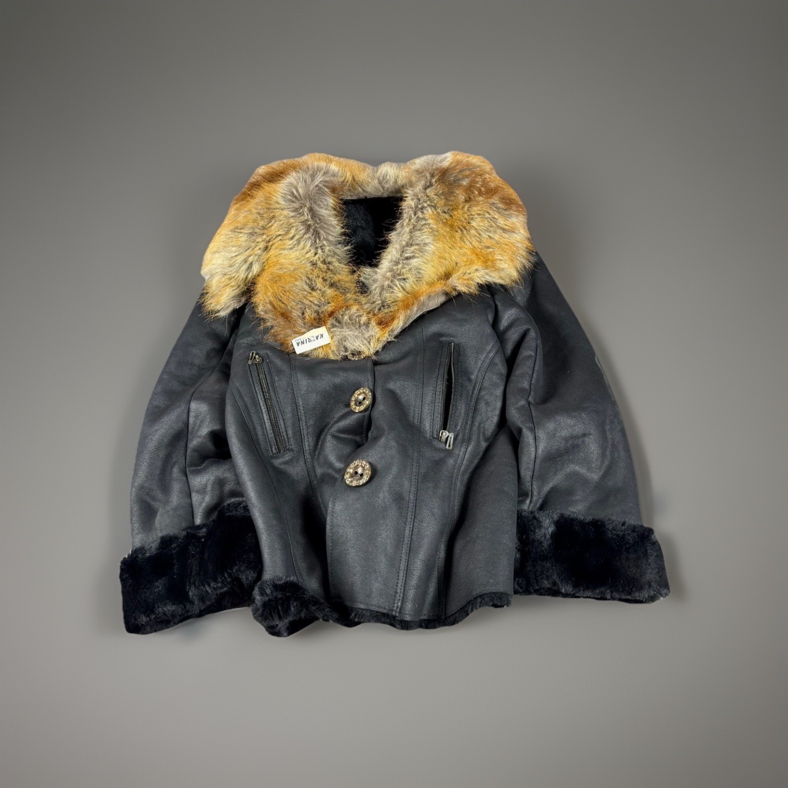 Vintage Genuine Leather Shearling Jacket Real Fur Collar Winter Aviator Y2K 90s